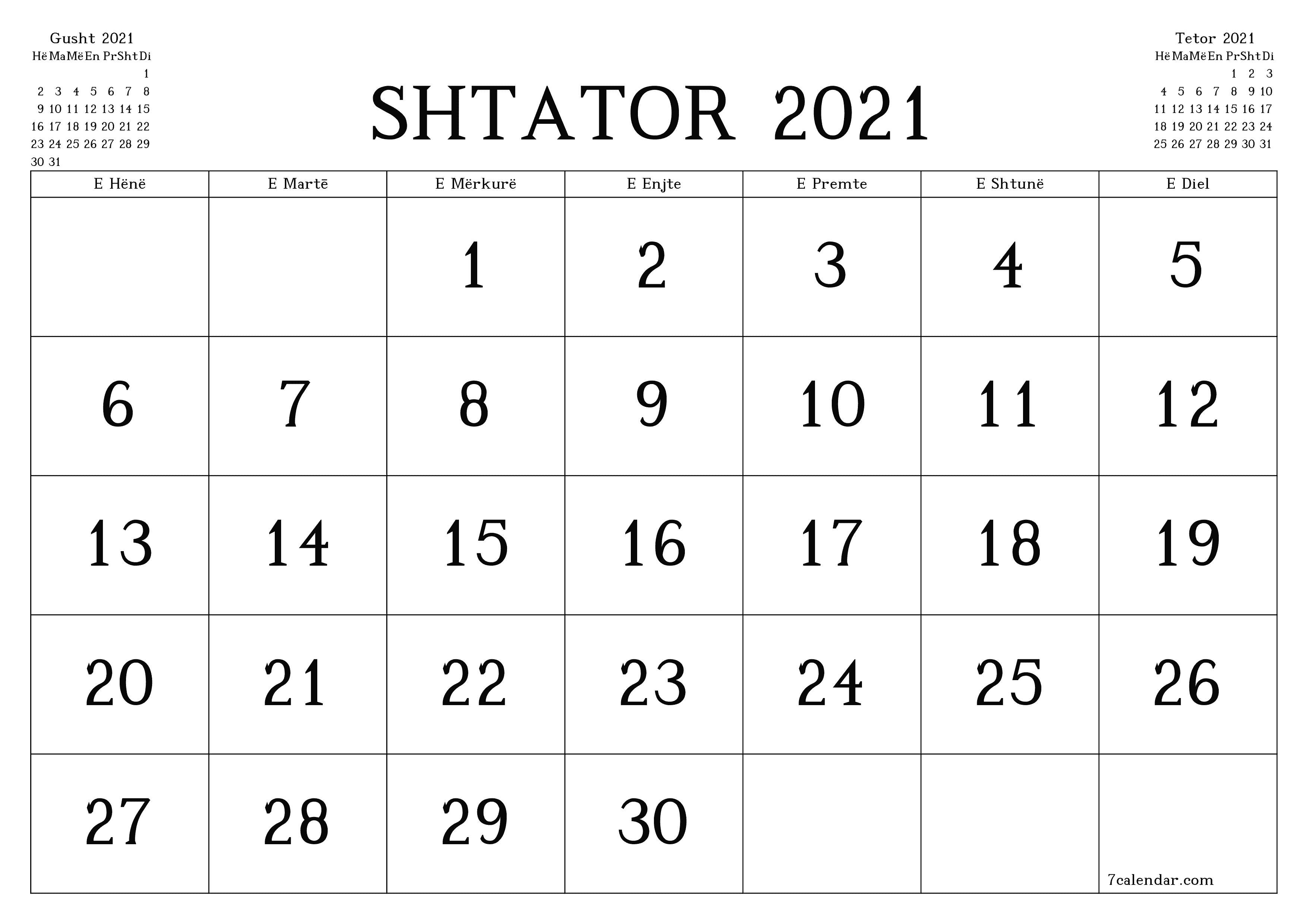 Planifikuesi i zbrazët i kalendarit mujor për muajin Shtator 2021 me shënime të ruajtura dhe të printuara në PDF PNG Albanian
