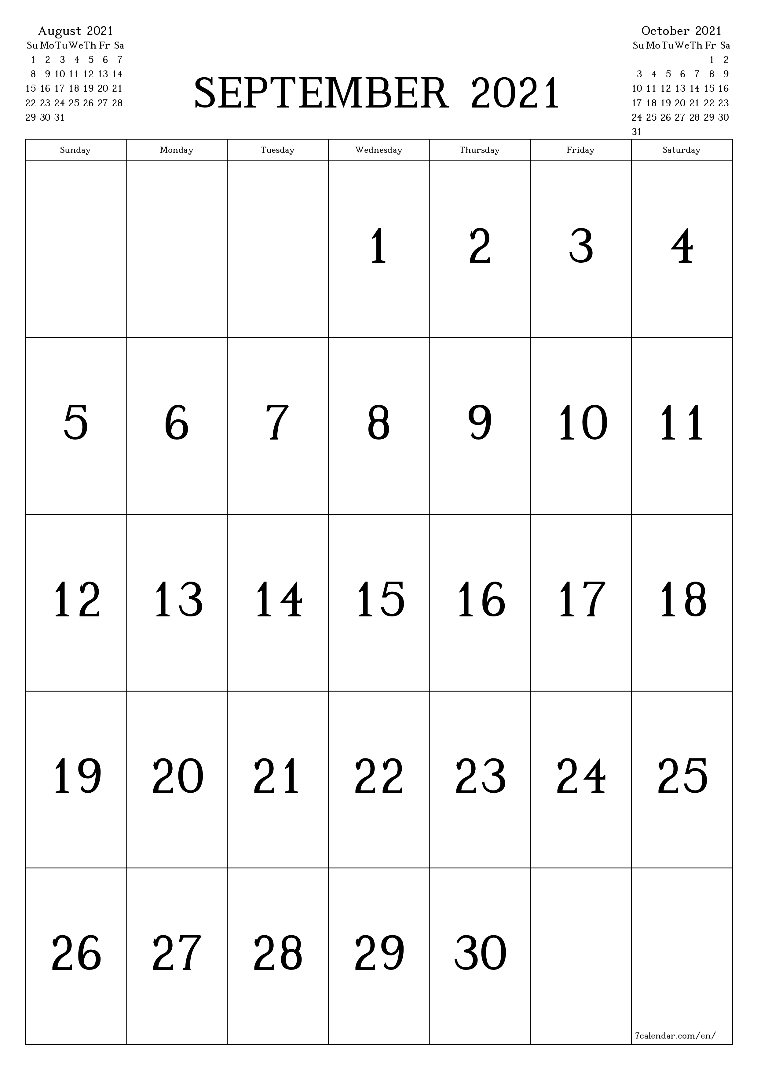 Blank monthly printable calendar and planner for month September 2021 with notes save and print to PDF PNG English - 7calendar.com