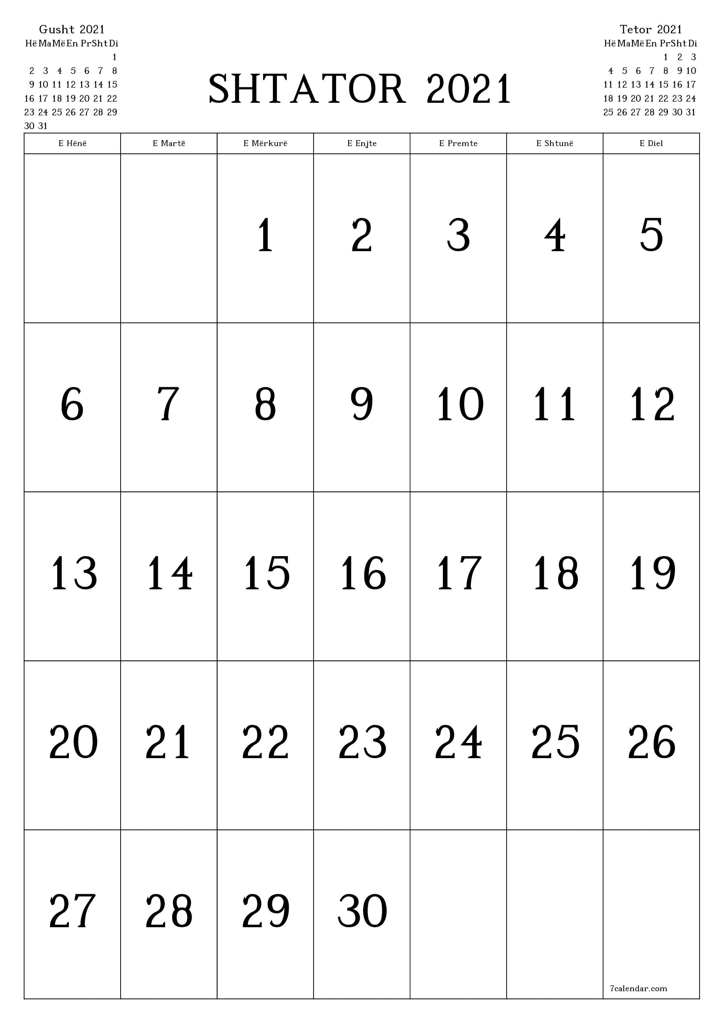 Kalendari bosh mujor për muajin Shtator 2021 ruaj dhe printo në PDF PNG Albanian - 7calendar.com