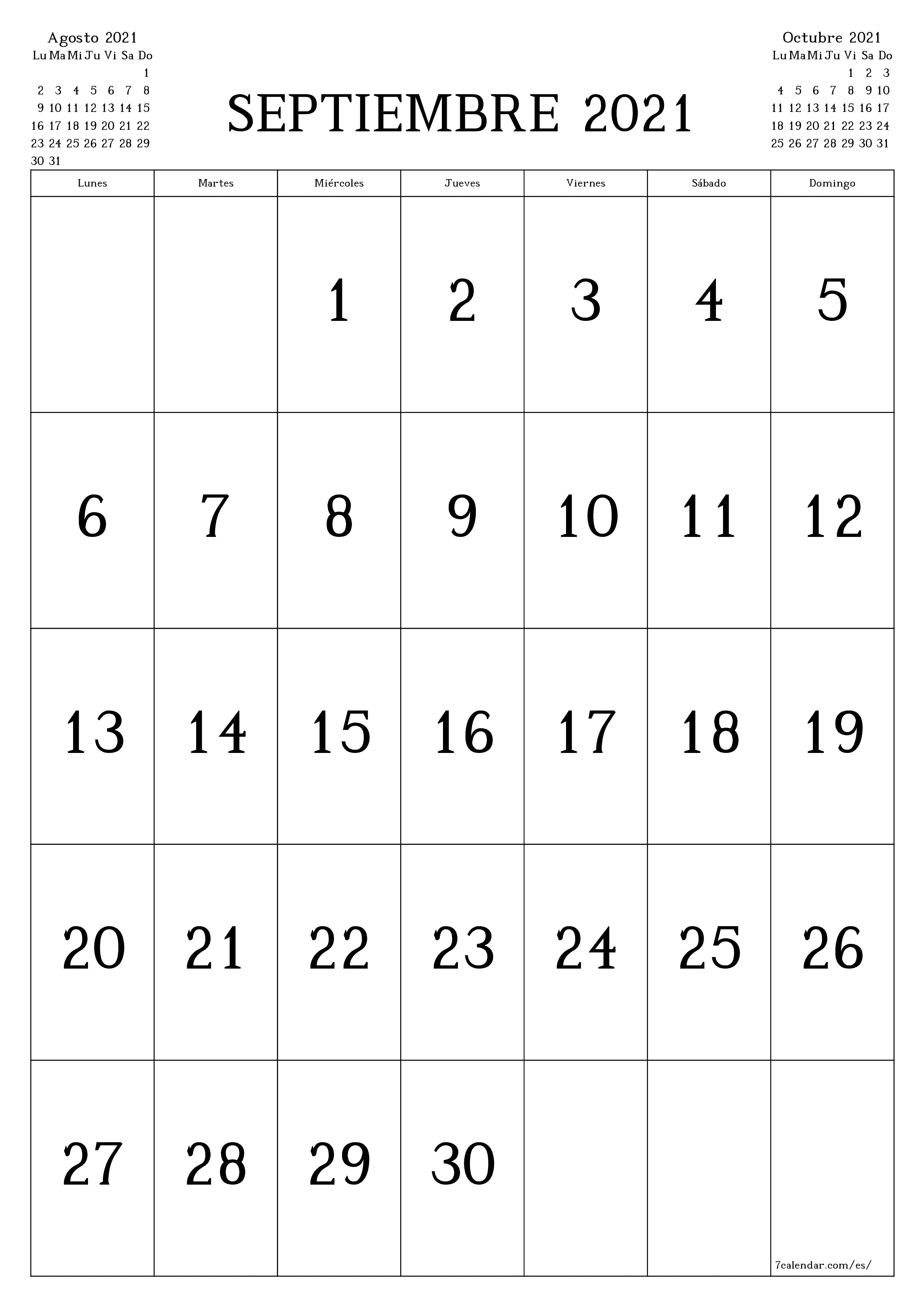Calendario mensual en blanco para el mes Septiembre 2021 guardar e imprimir en PDF PNG Spanish - 7calendar.com