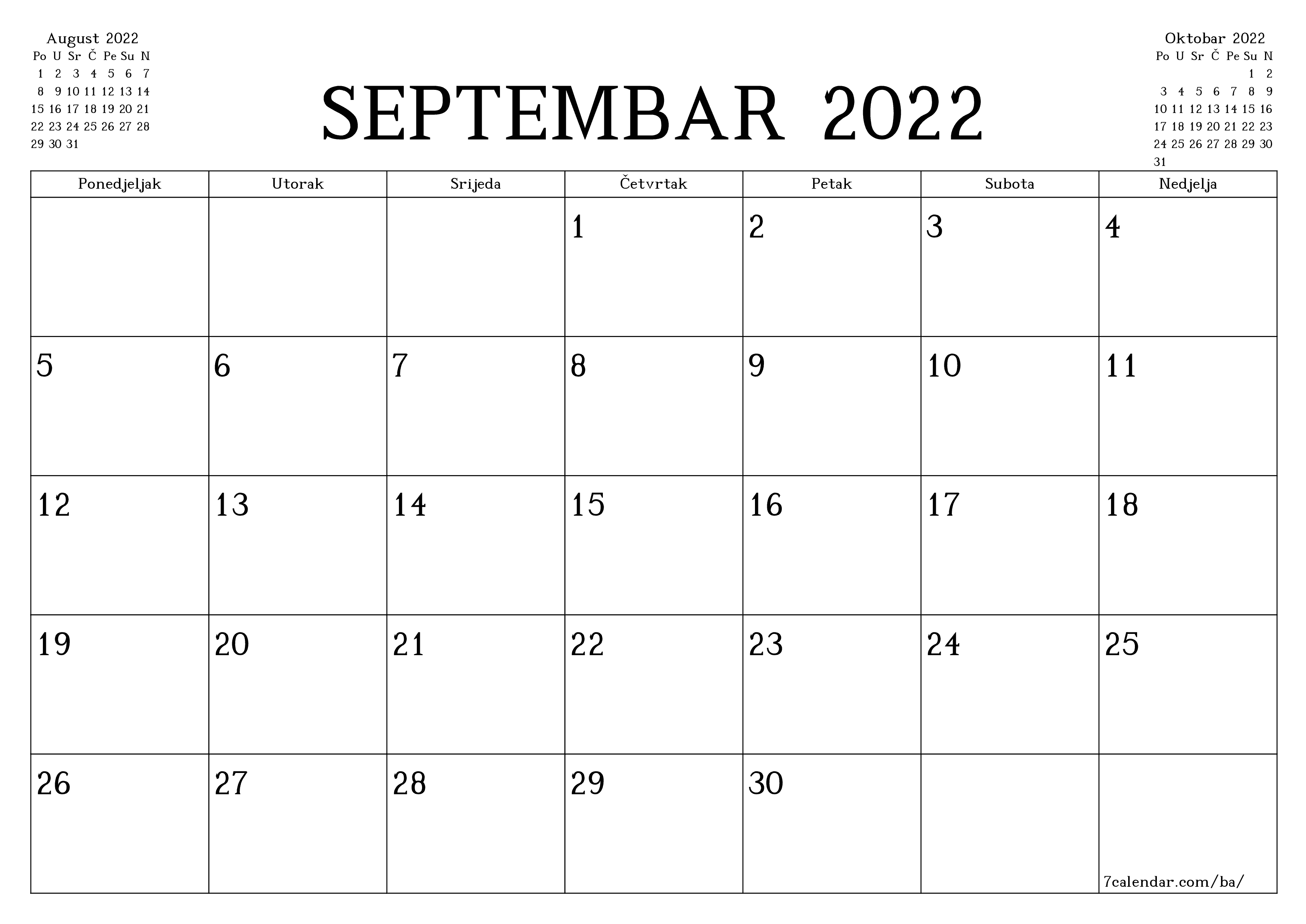 Ispraznite mjesečni planer za mjesec Septembar 2022 s bilješkama, spremite i ispišite u PDF PNG Bosnian