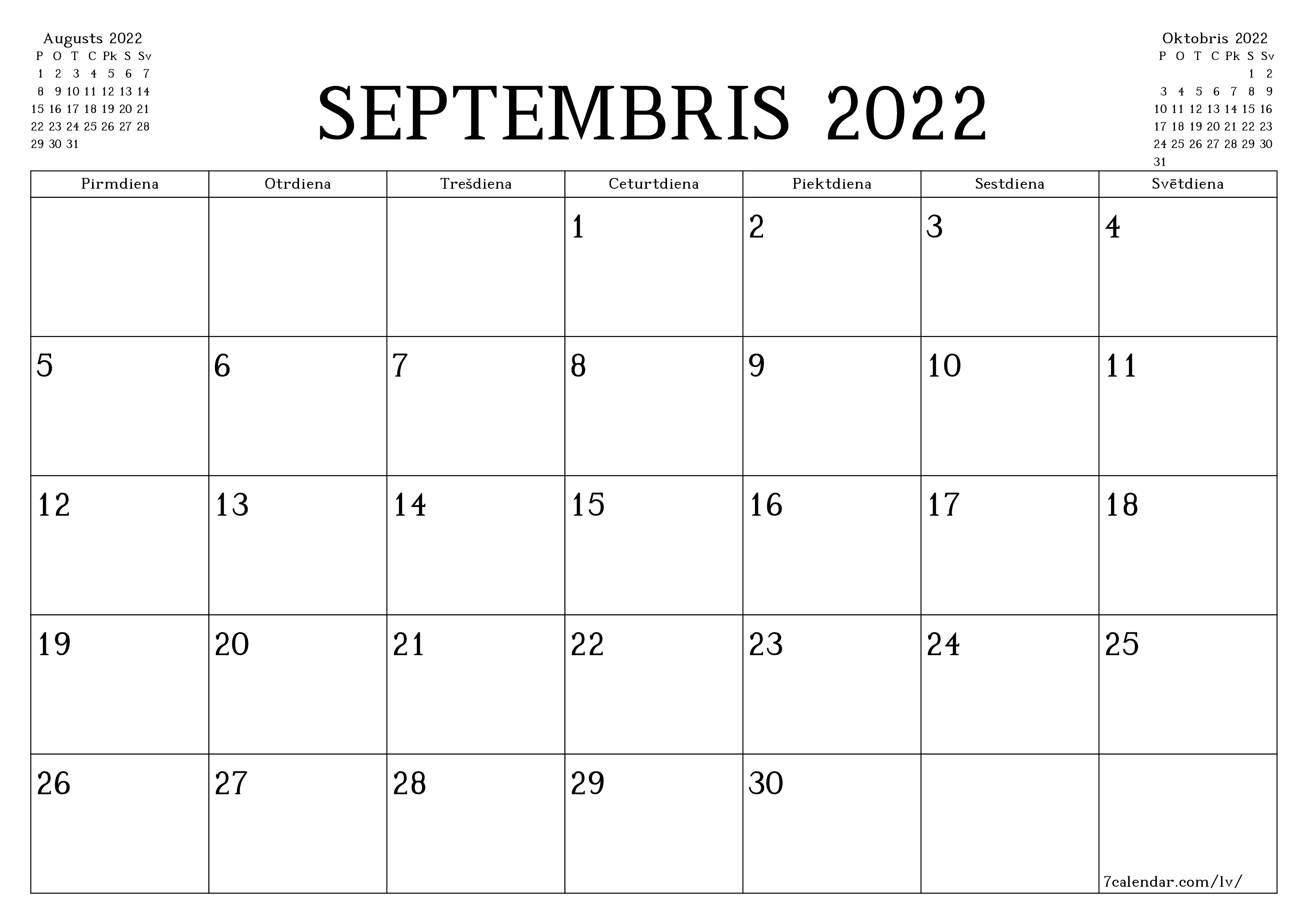 Iztukšot mēneša plānotāju mēnesim Septembris 2022 ar piezīmēm, saglabāt un izdrukāt PDF formātā PNG Latvian - 7calendar.com