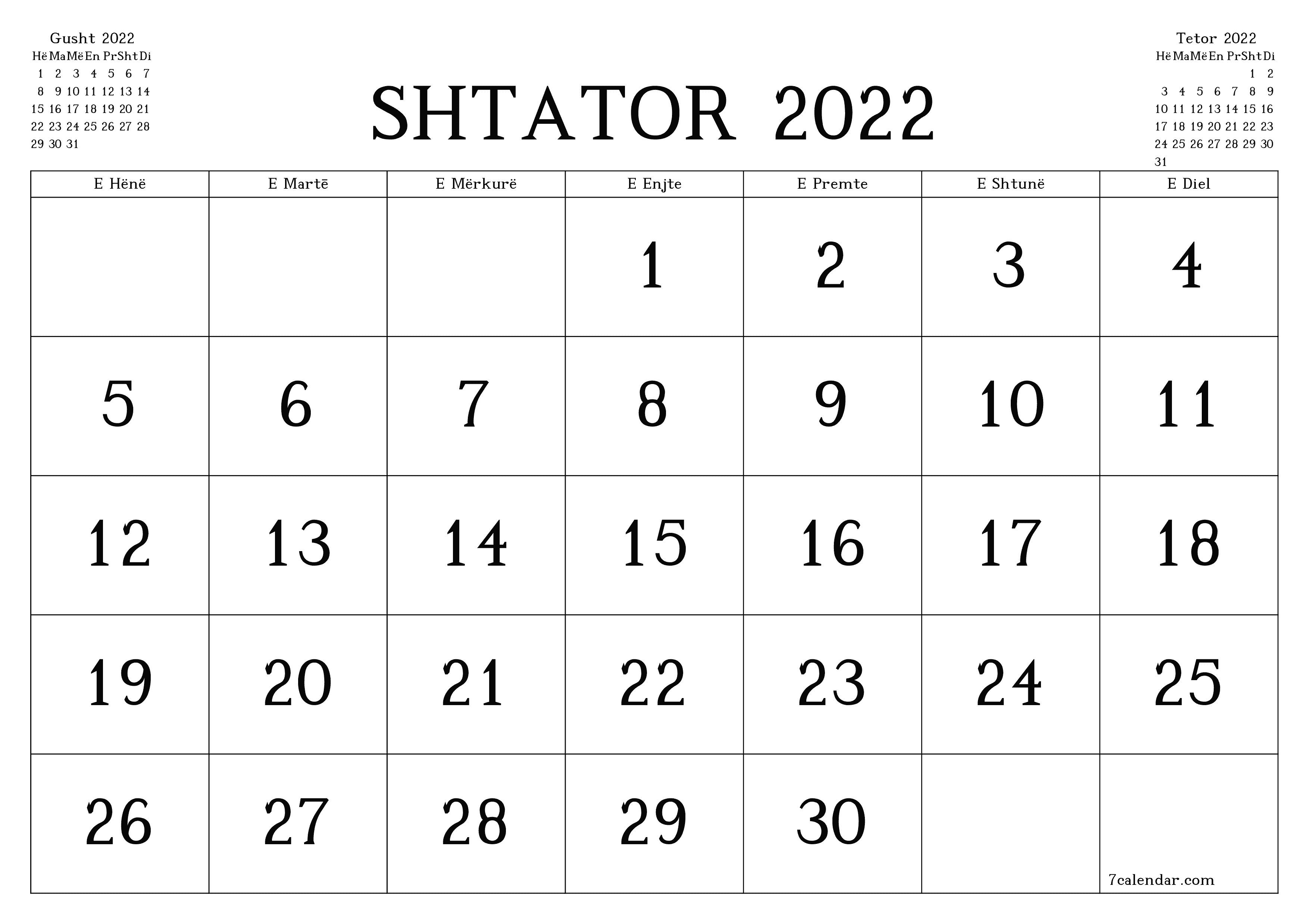Planifikuesi i zbrazët i kalendarit mujor për muajin Shtator 2022 me shënime të ruajtura dhe të printuara në PDF PNG Albanian