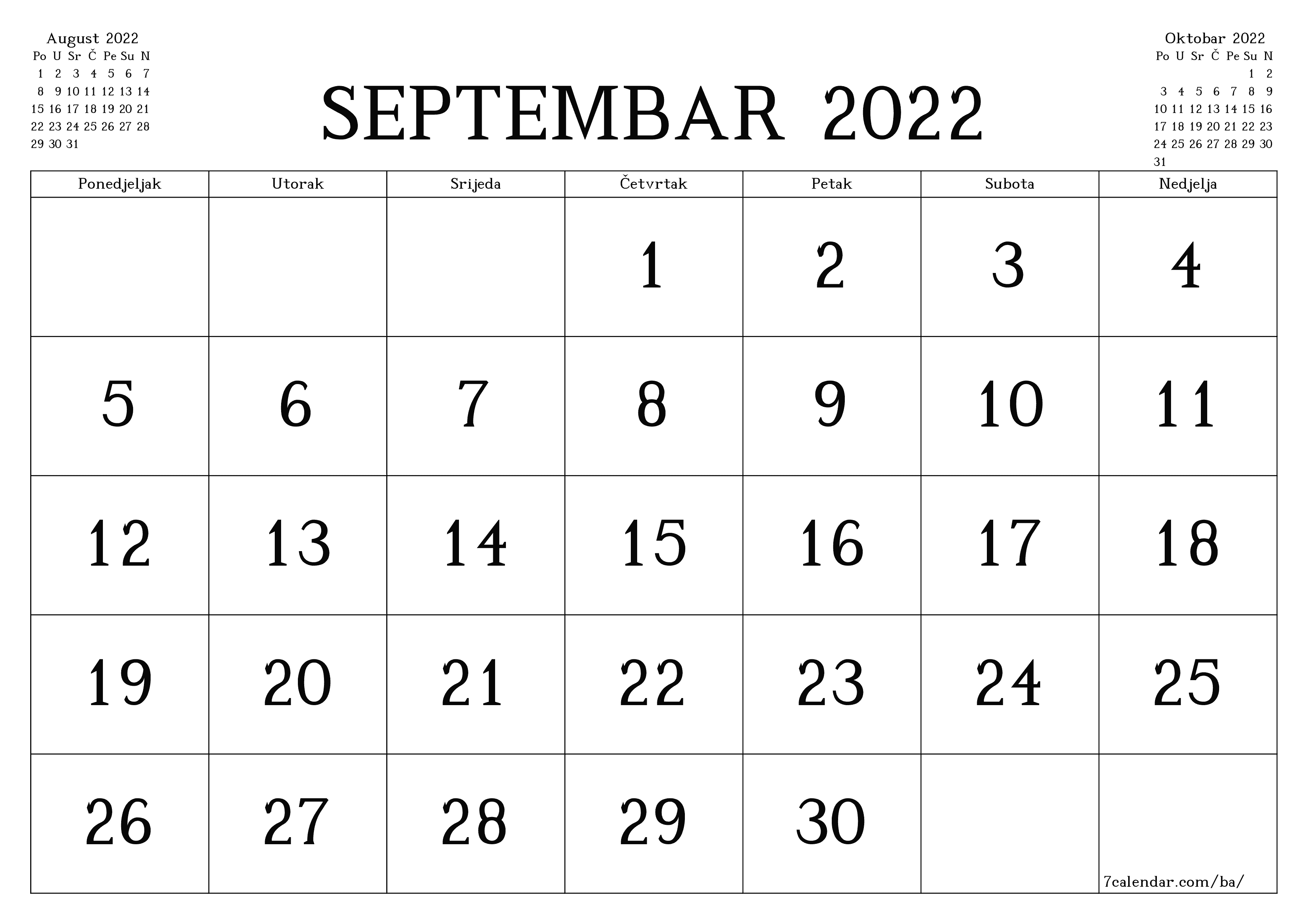 Ispraznite mjesečni planer za mjesec Septembar 2022 s bilješkama, spremite i ispišite u PDF PNG Bosnian