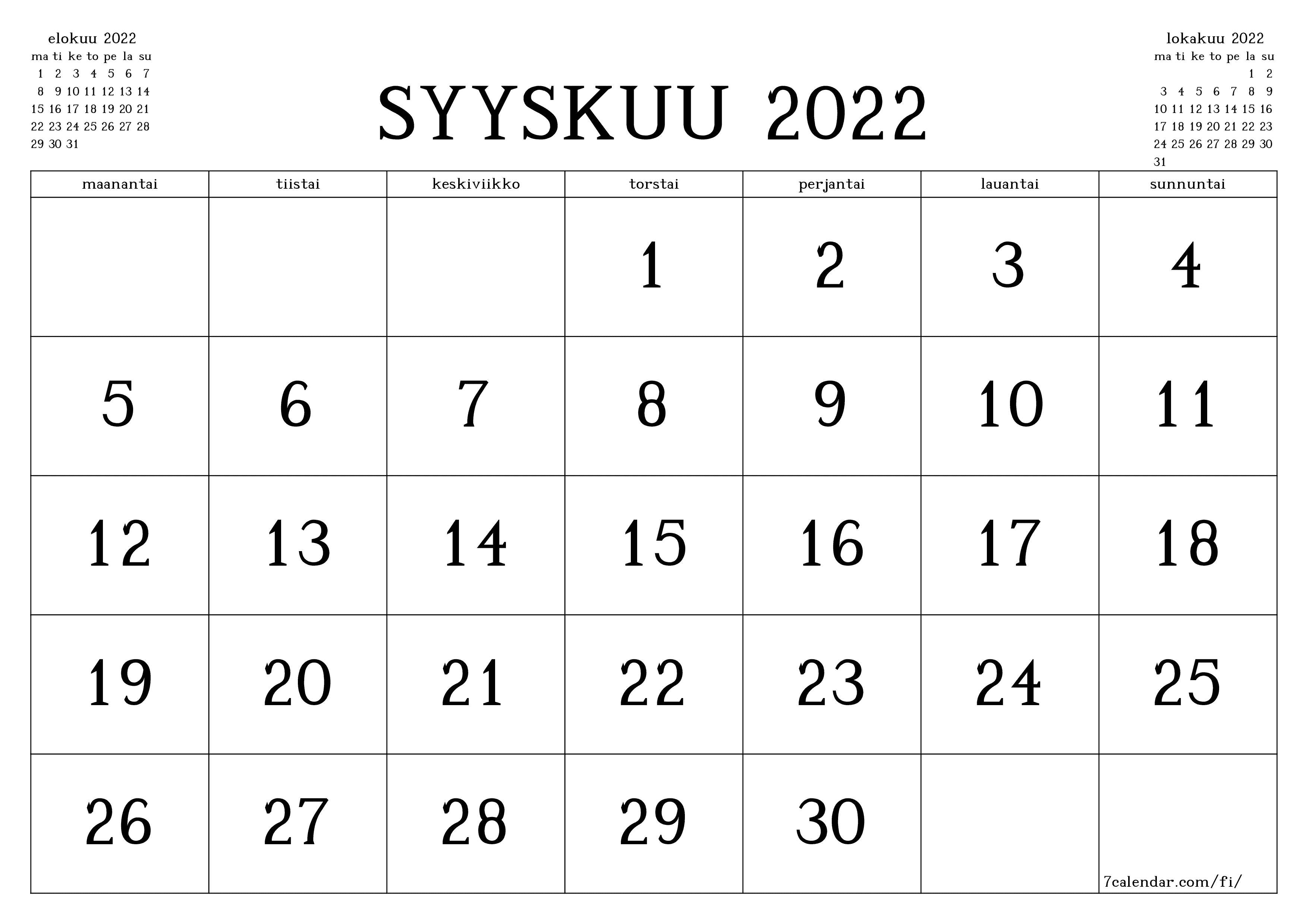 Tyhjennä kuukausittainen suunnittelija kuukaudelle syyskuu 2022 muistiinpanoilla, tallenna ja tulosta PDF-muotoon PNG Finnish