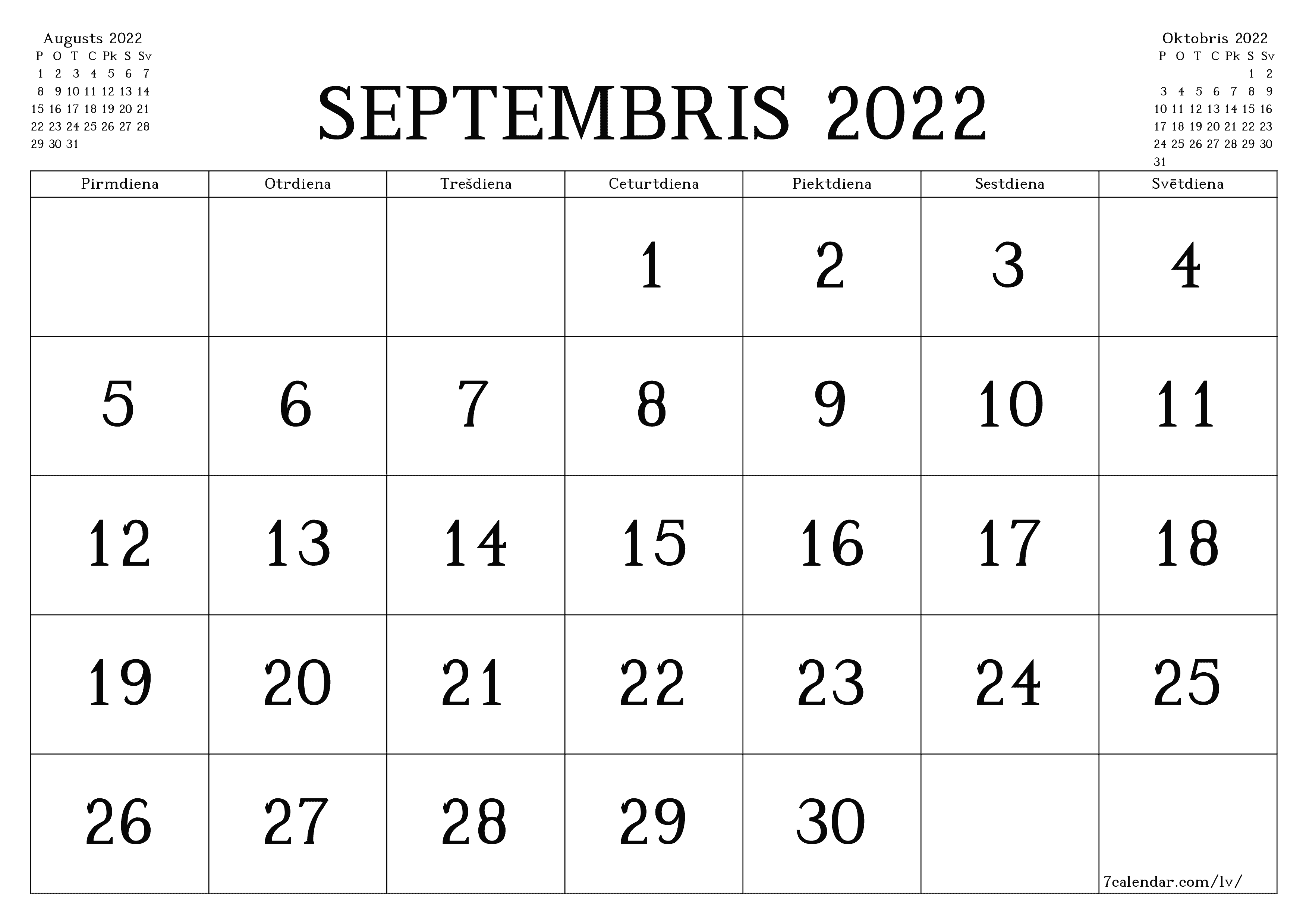 Mēneša tukšs mēneša kalendārs Septembris 2022 Saglabāt un izdrukāt PDF formātā PNG Latvian - 7calendar.com