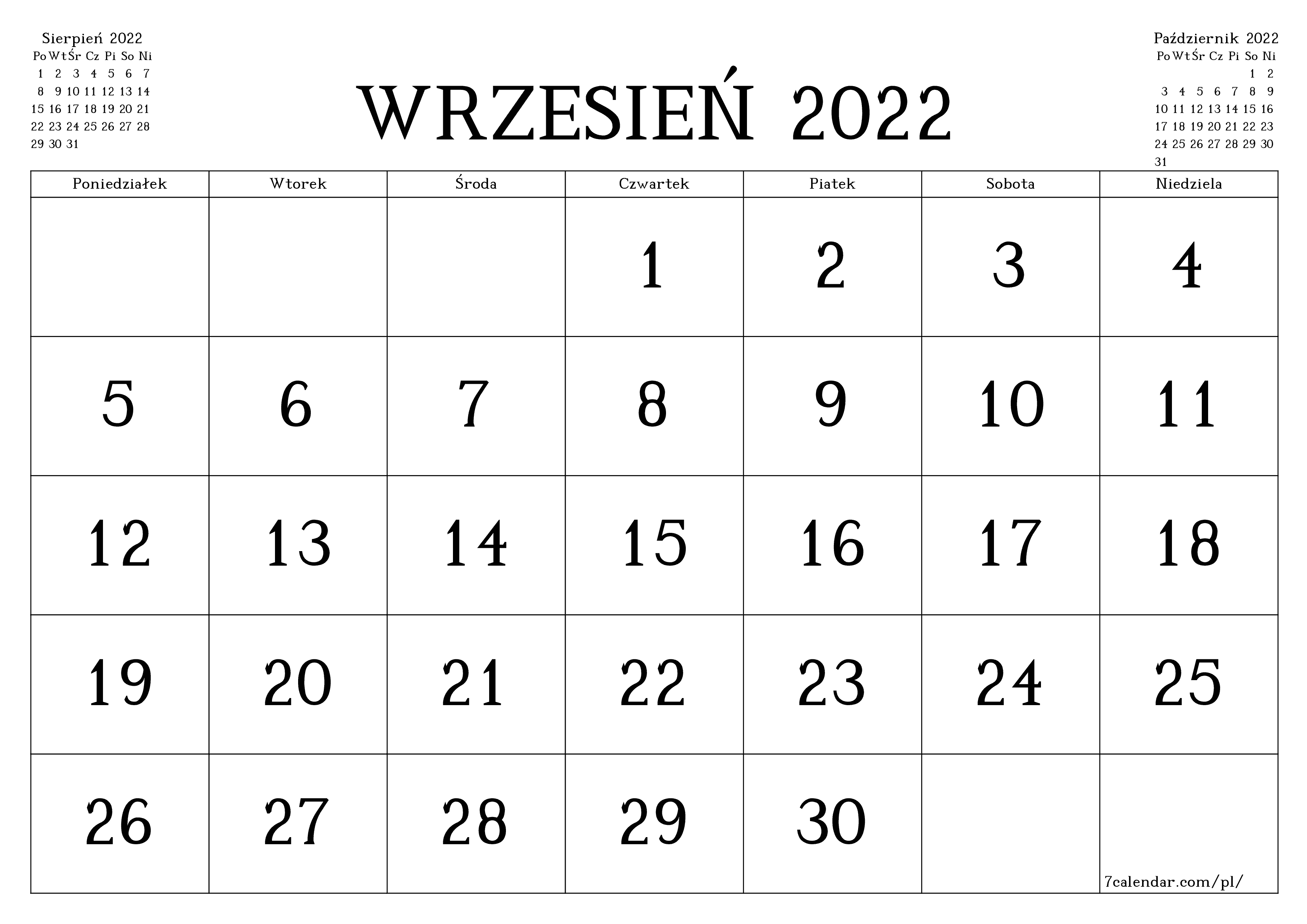  do druku ścienny szablon a darmowy poziomy Miesięczny kalendarz Wrzesień (Wrz) 2022
