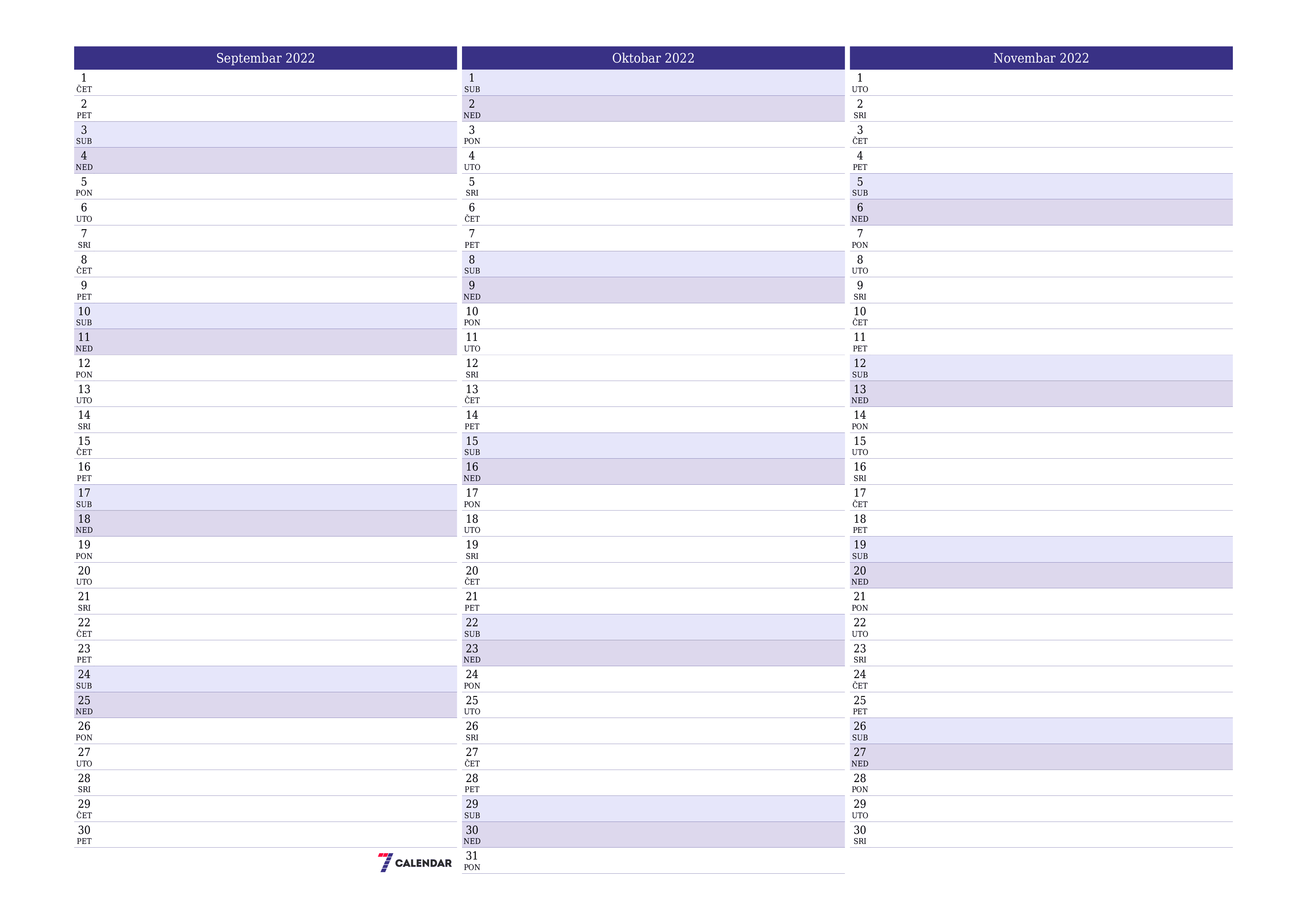 Ispraznite mjesečni planer za mjesec Septembar 2022 s bilješkama, spremite i ispišite u PDF PNG Bosnian