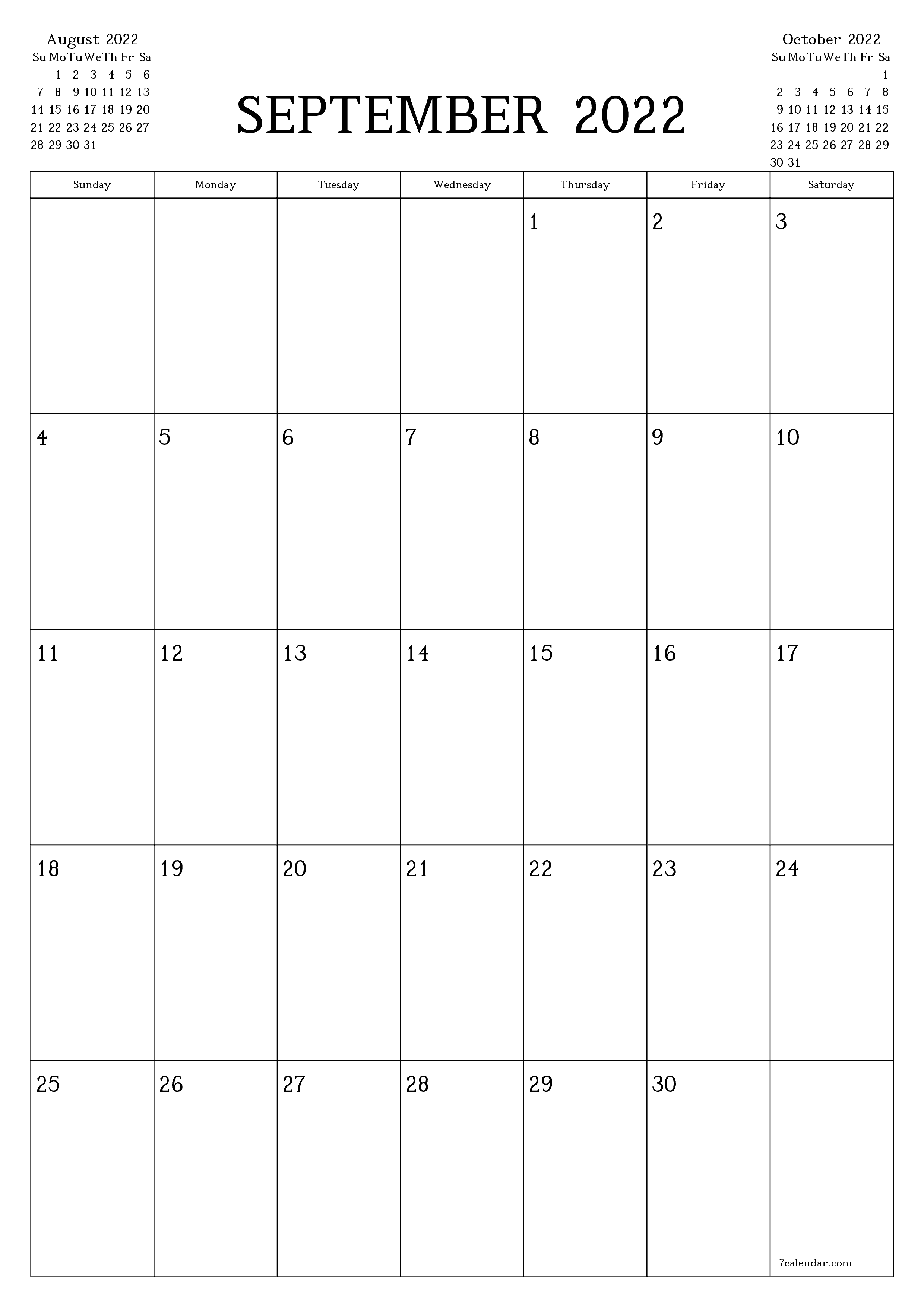Blank monthly printable calendar and planner for month September 2022 with notes save and print to PDF PNG English - 7calendar.com