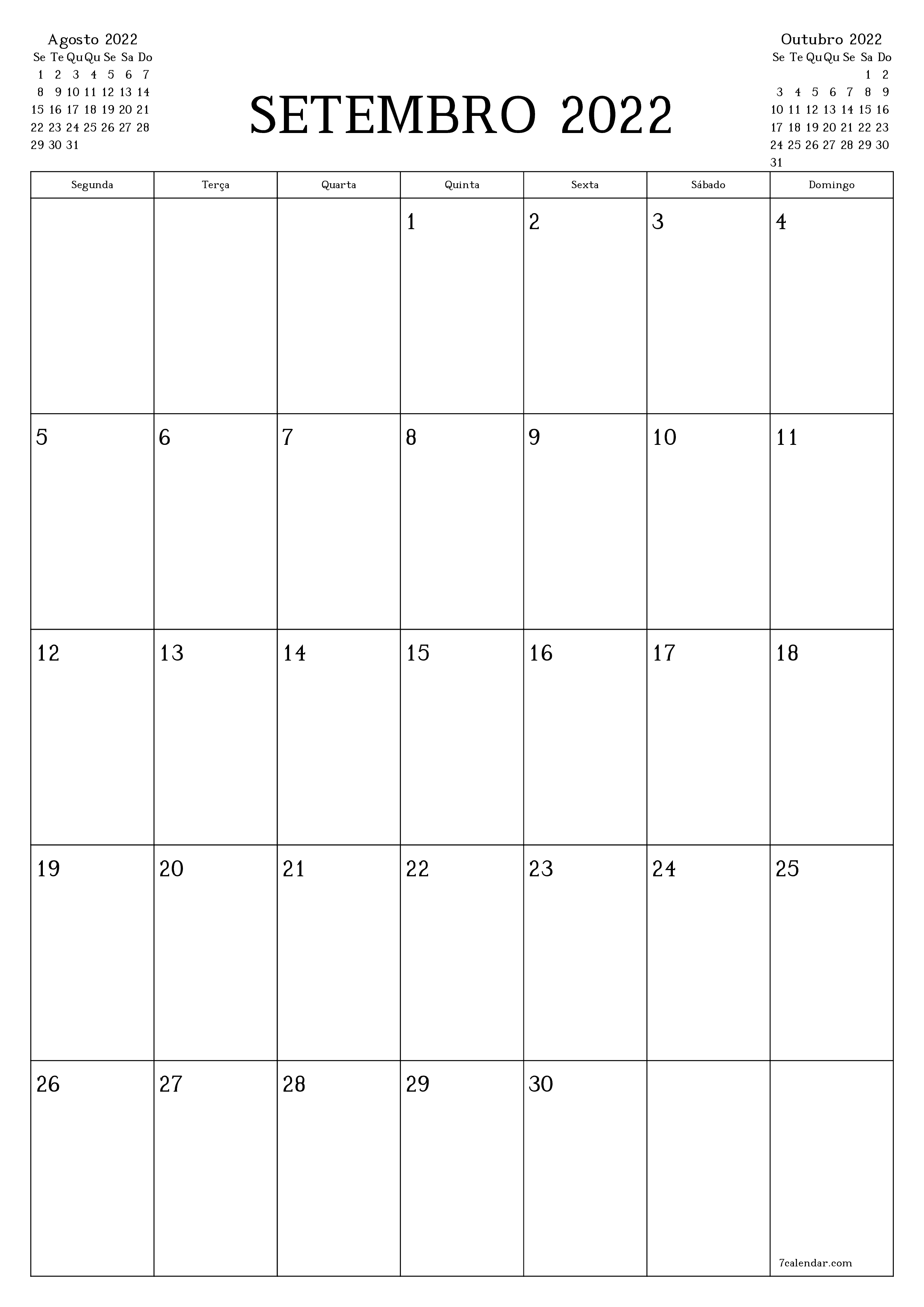  para impressão de parede modelo de grátisvertical Mensal planejador calendário Setembro (Set) 2022