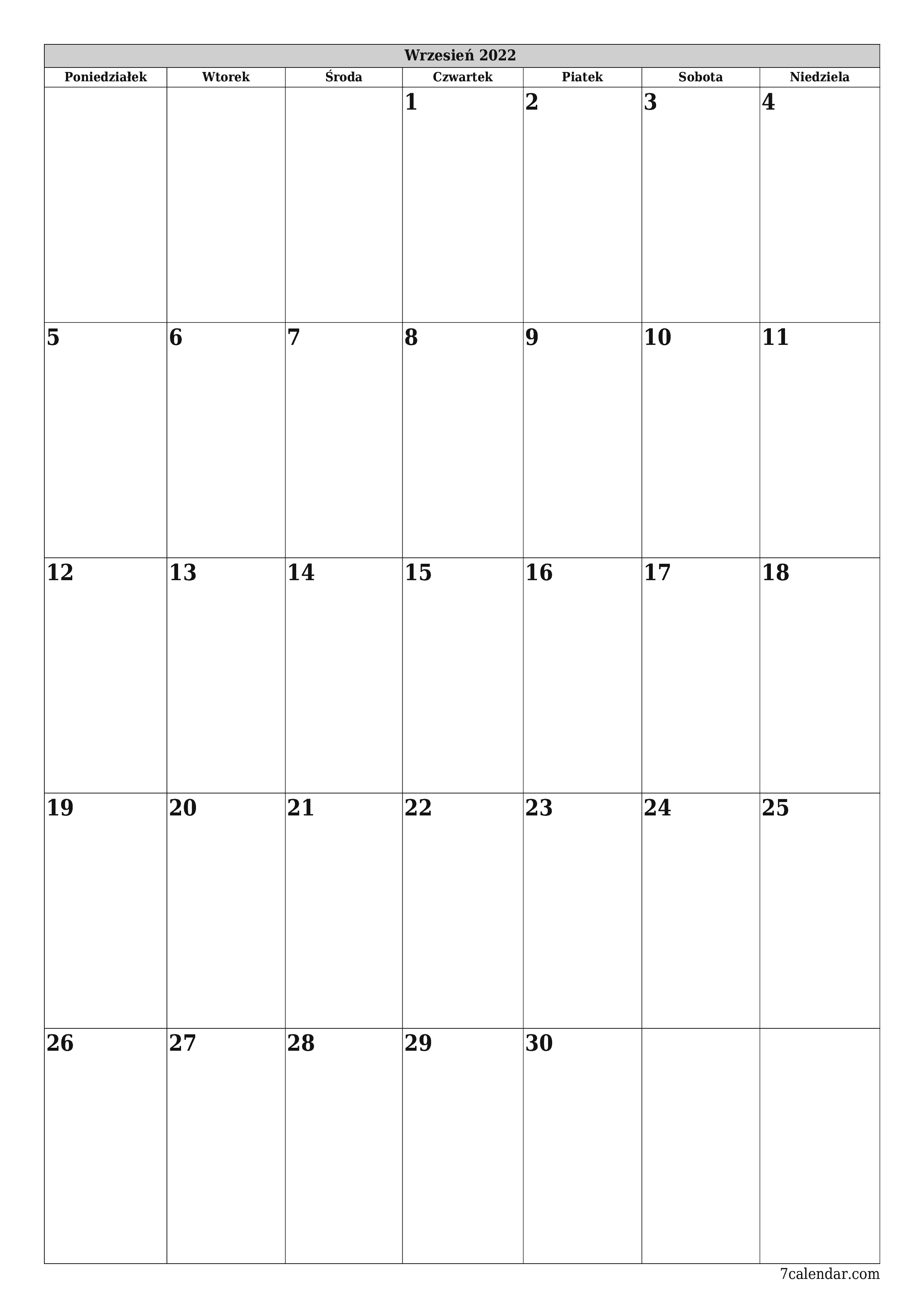  do druku ścienny szablon a darmowy pionowy Miesięczny planista kalendarz Wrzesień (Wrz) 2022
