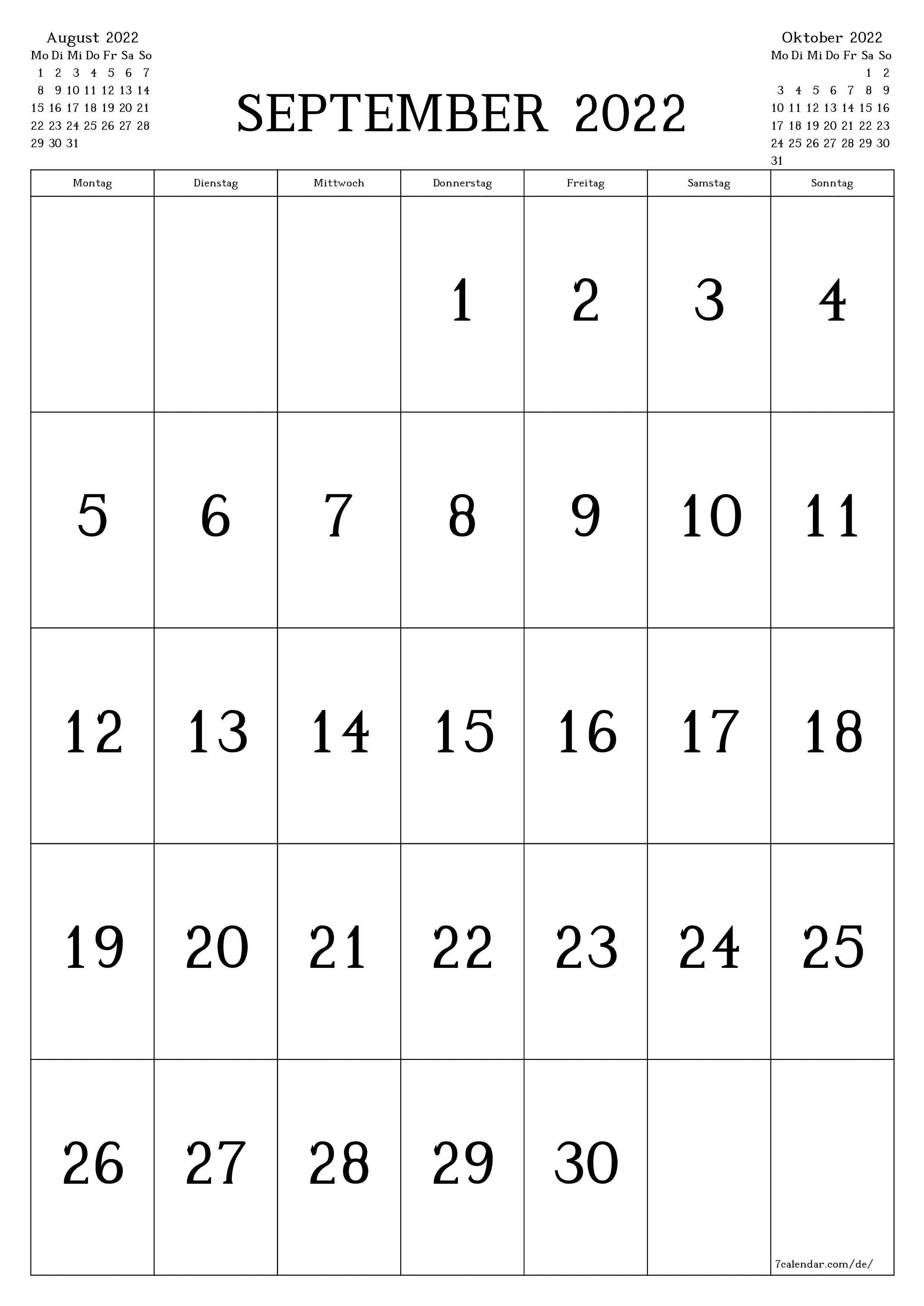  zum Ausdrucken Wandkalender vorlage kostenloser vertikal Monatlich Kalender September (Sep) 2022