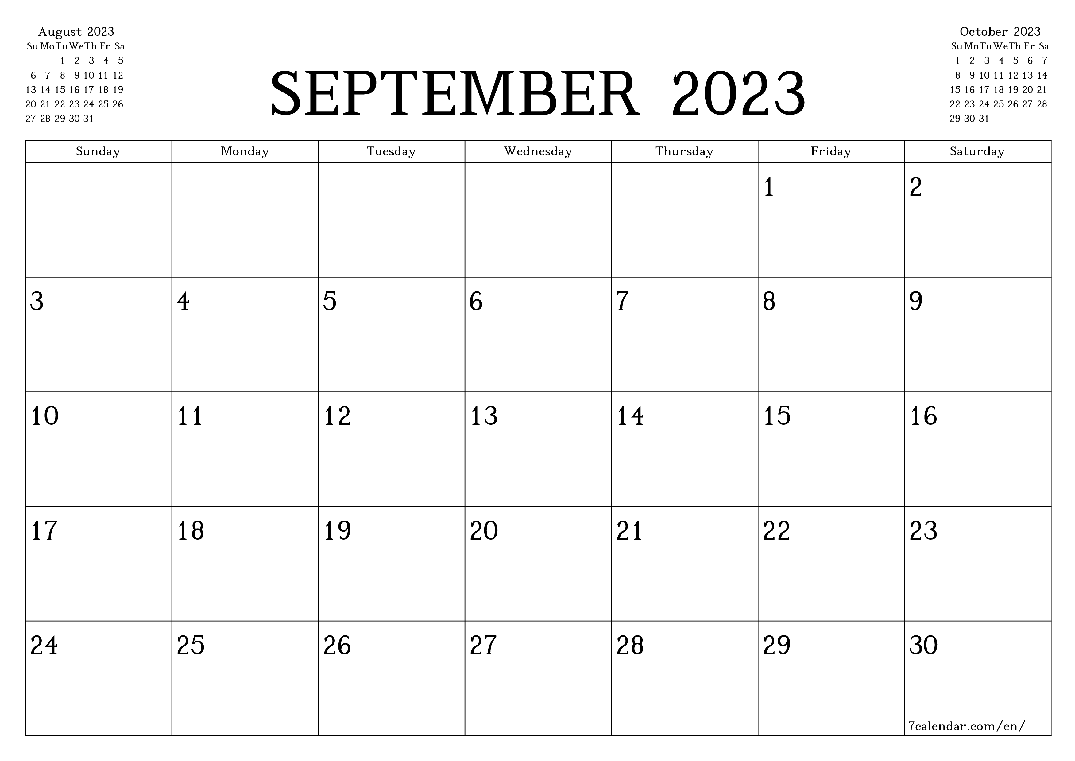Blank monthly printable calendar and planner for month September 2023 with notes save and print to PDF PNG English - 7calendar.com