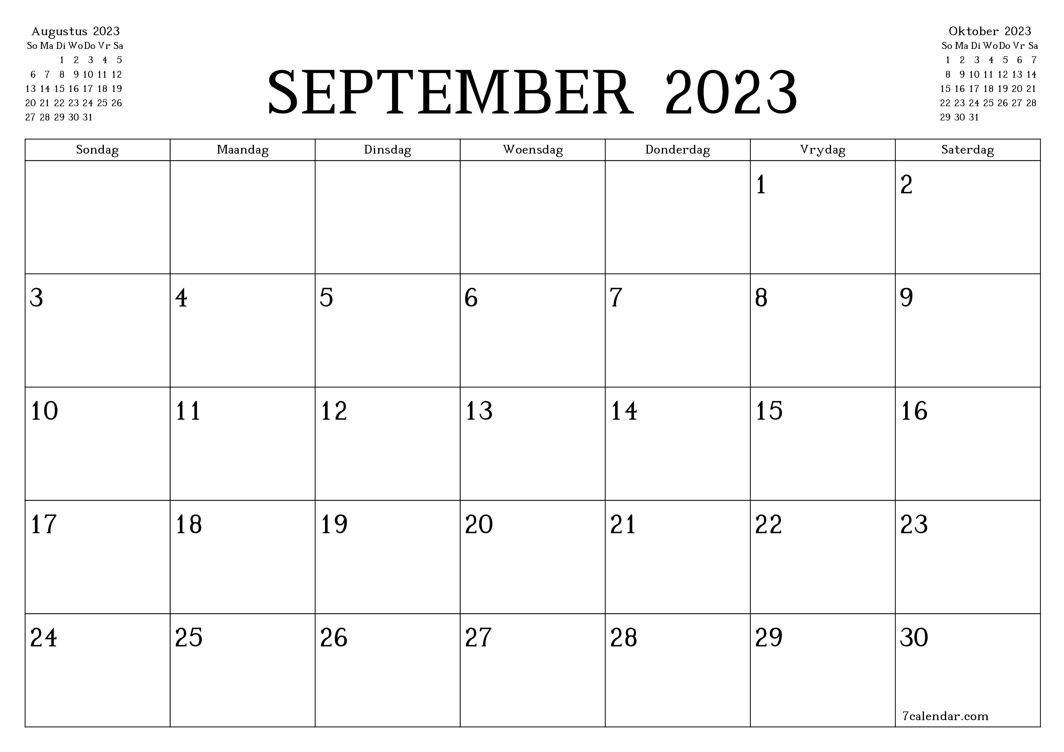 Leë maandelikse drukbare kalender en beplanner vir maand September 2023 met notas stoor en druk na PDF PNG Afrikaans