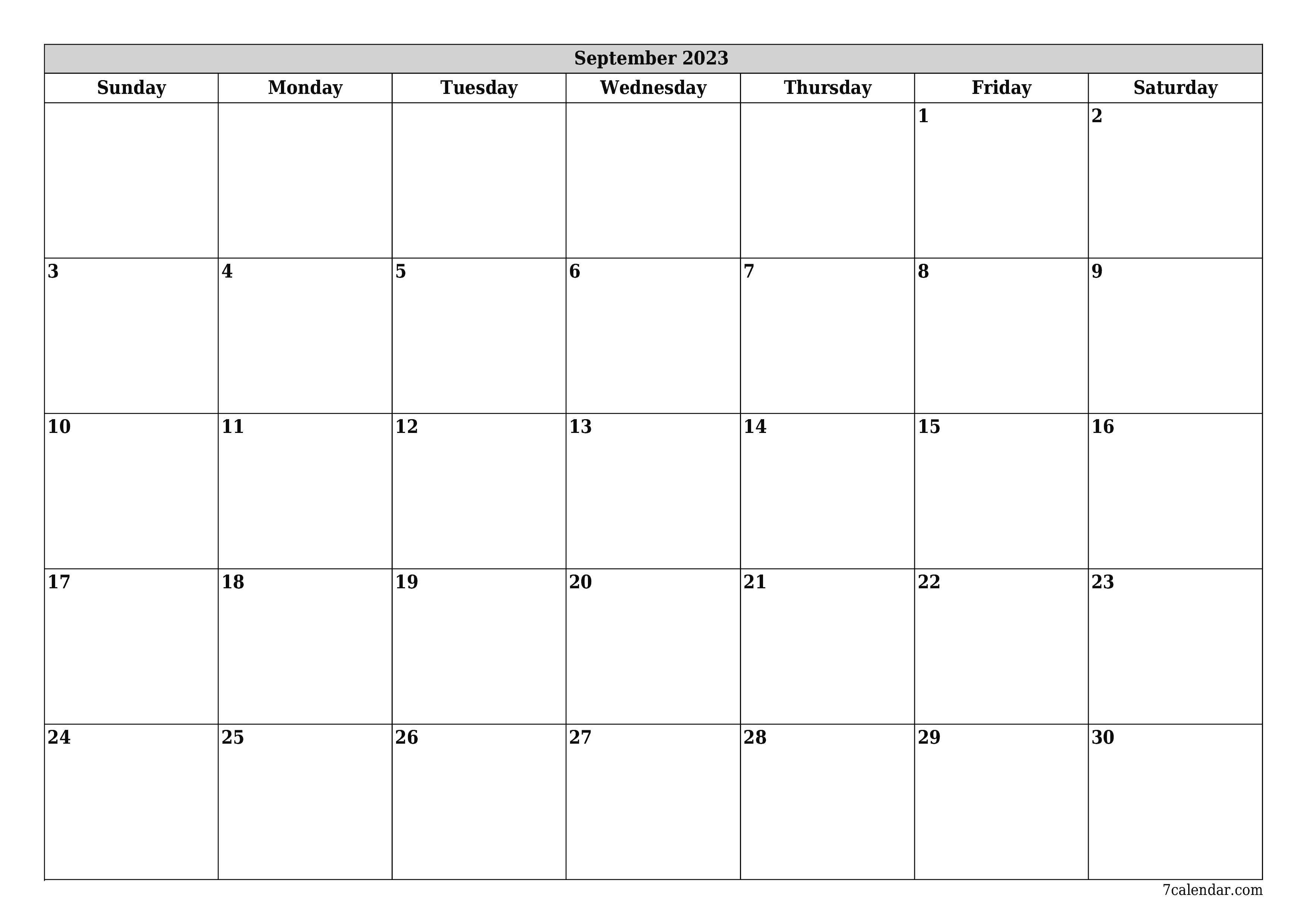 printable wall template free horizontal Monthly planner calendar September (Sep) 2023