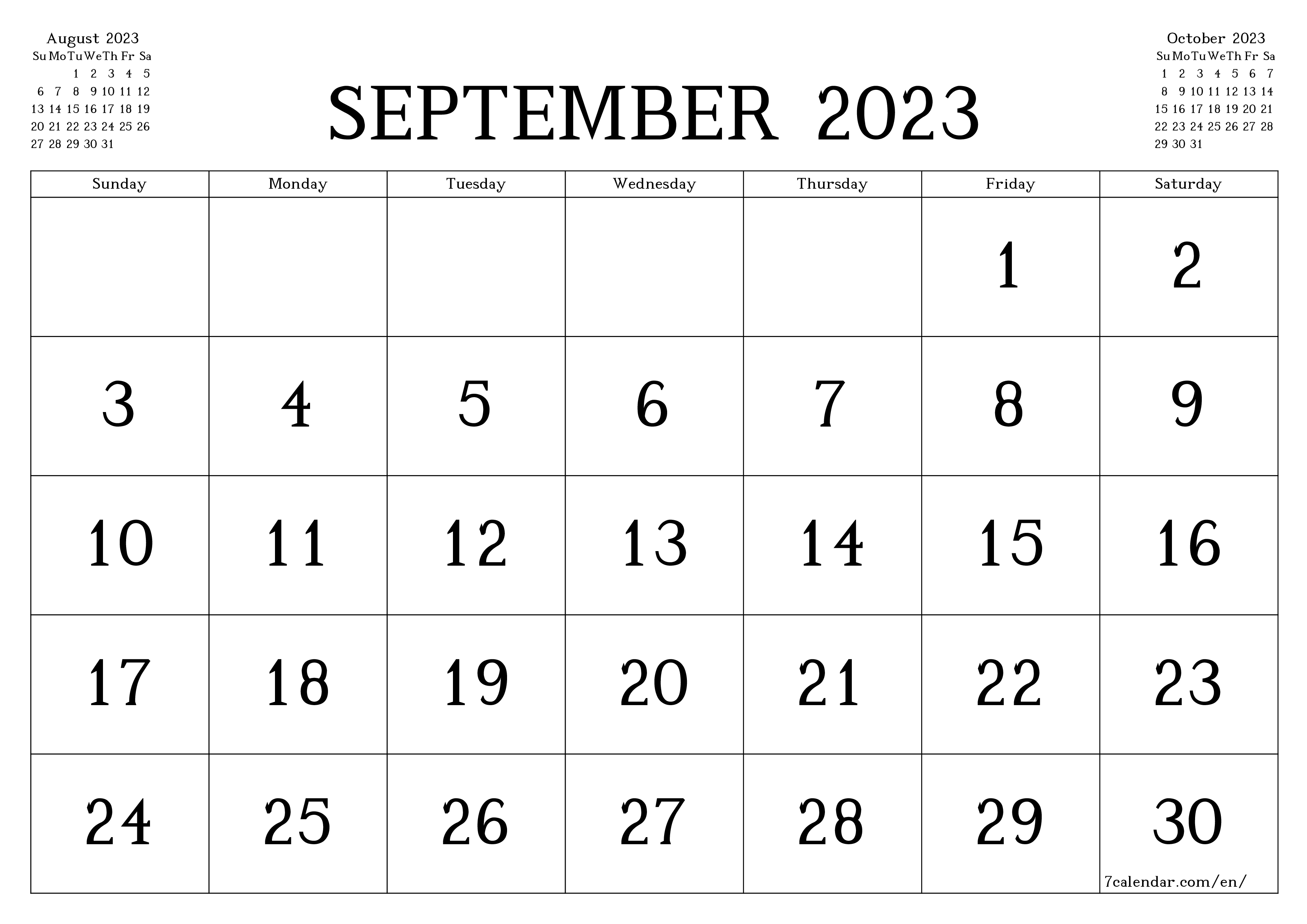 Blank monthly printable calendar and planner for month September 2023 with notes save and print to PDF PNG English