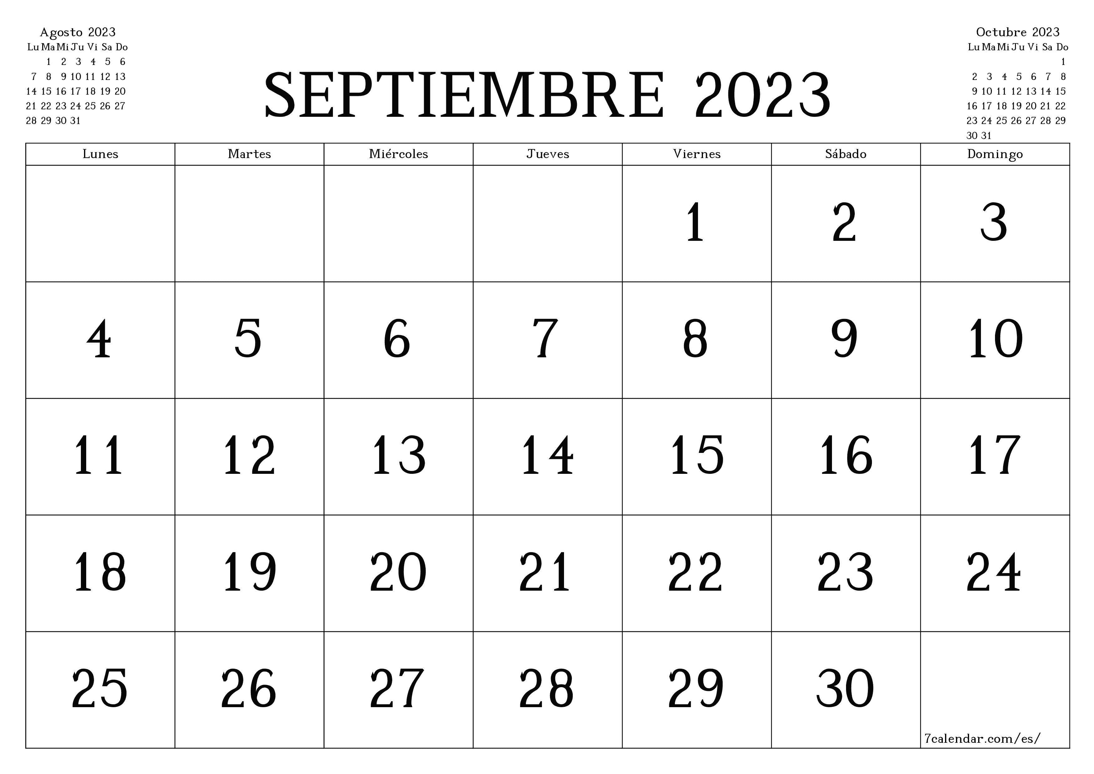 Calendario mensual en blanco para el mes Septiembre 2023 guardar e imprimir en PDF PNG Spanish - 7calendar.com