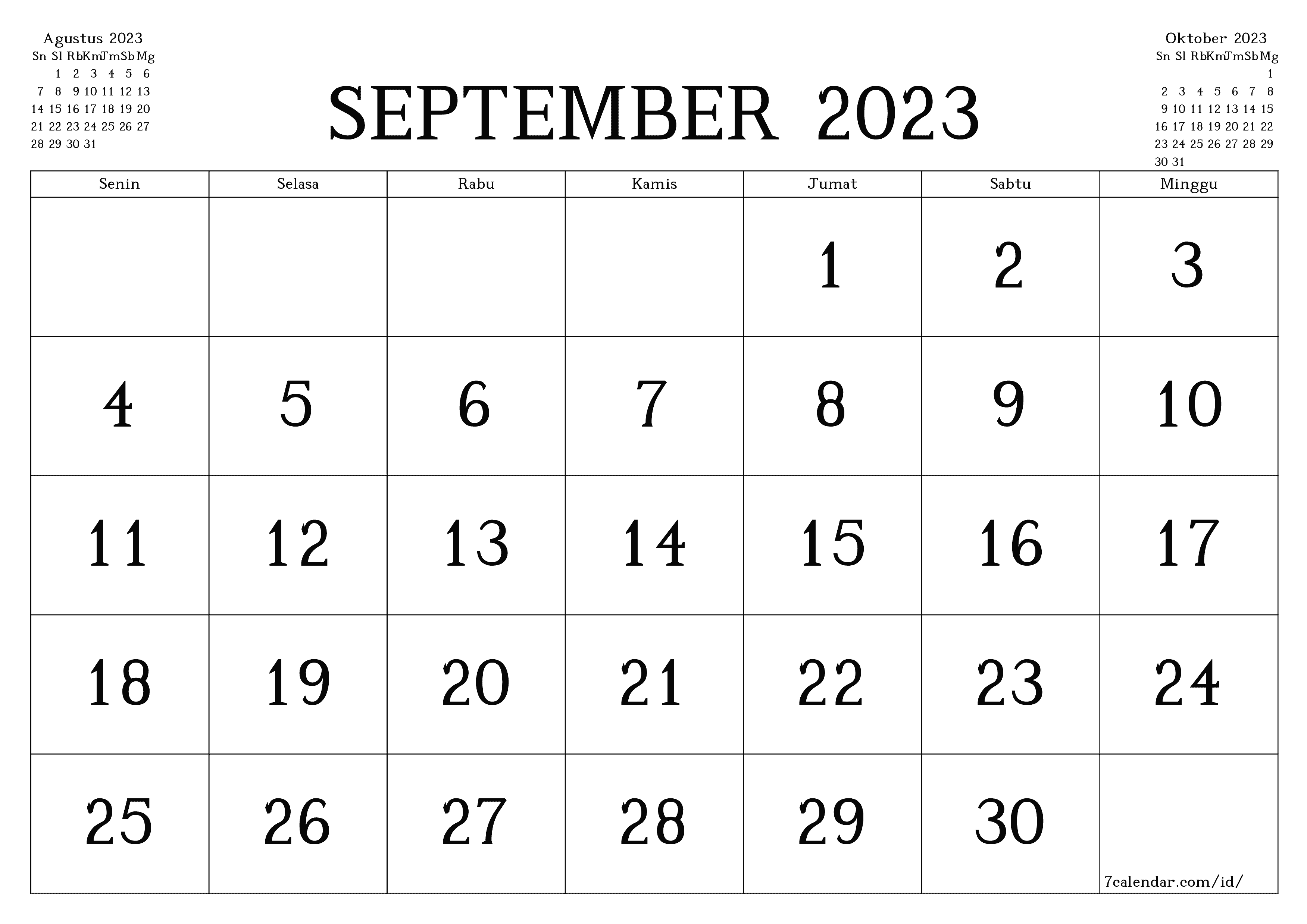 Kosongkan agenda bulanan untuk bulan September 2023 dengan catatan, simpan dan cetak ke PDF PNG Indonesian