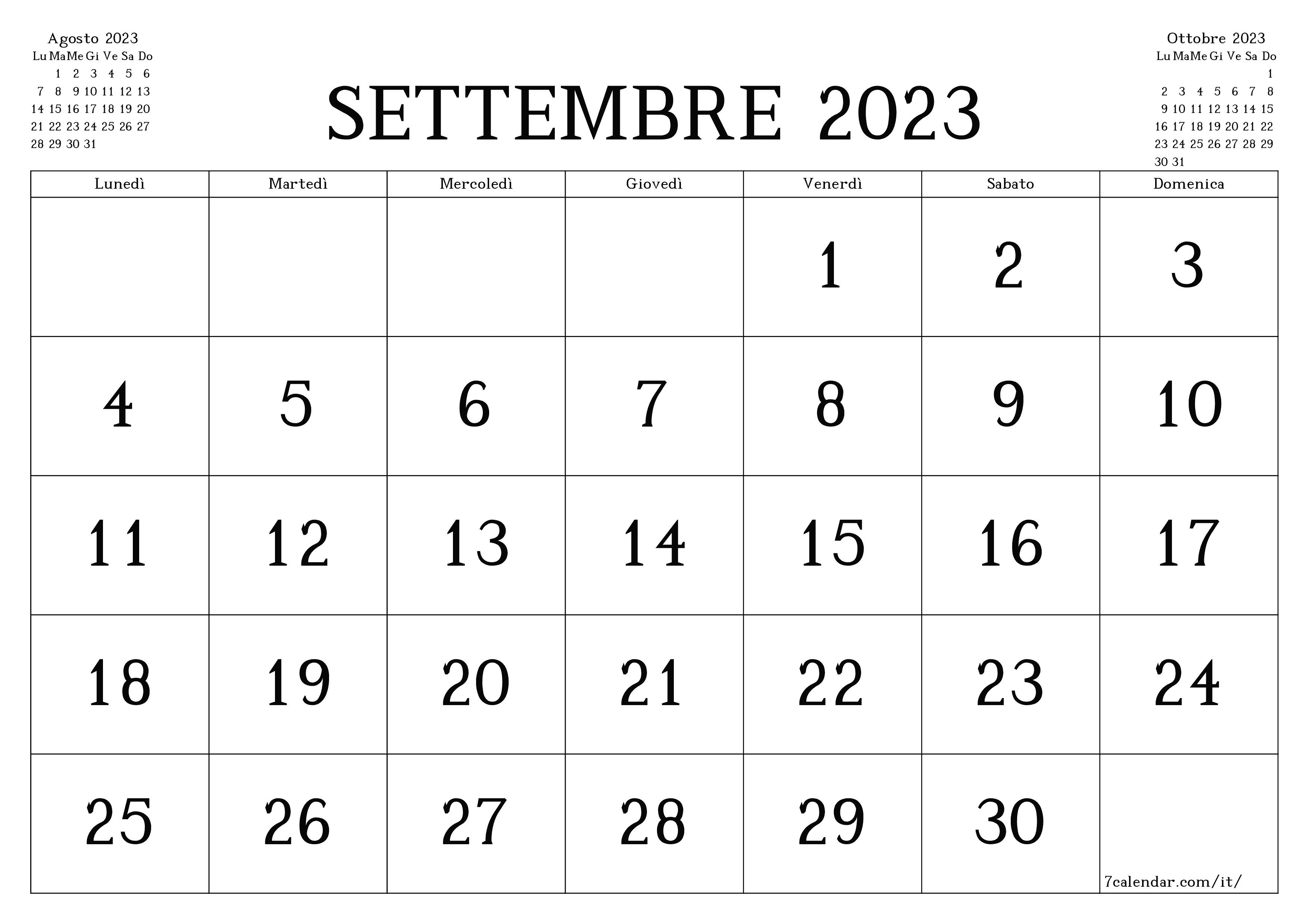 Calendario mensile vuoto per il mese Settembre 2023 salva e stampa in PDF PNG Italian - 7calendar.com
