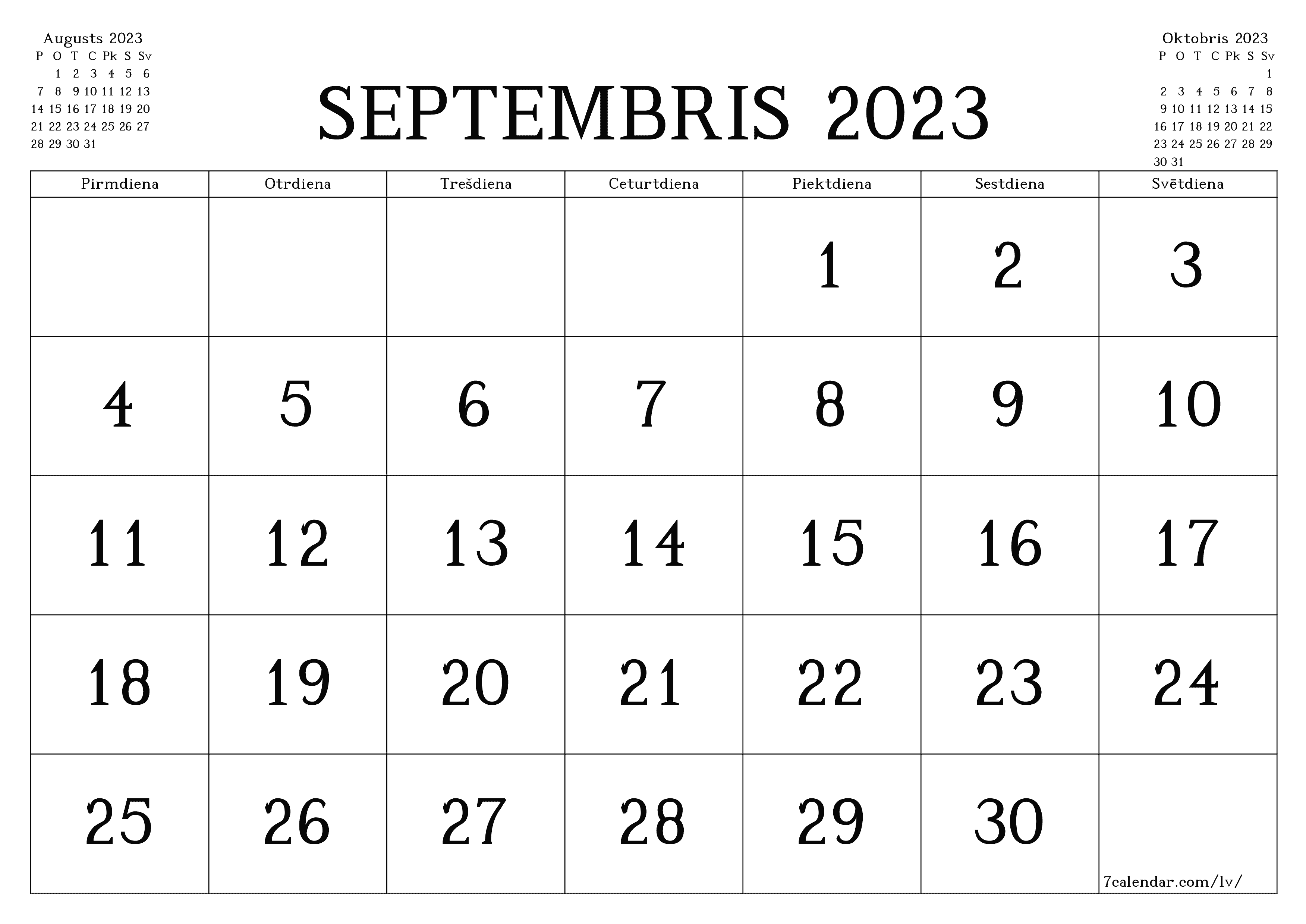 Iztukšot mēneša plānotāju mēnesim Septembris 2023 ar piezīmēm, saglabāt un izdrukāt PDF formātā PNG Latvian