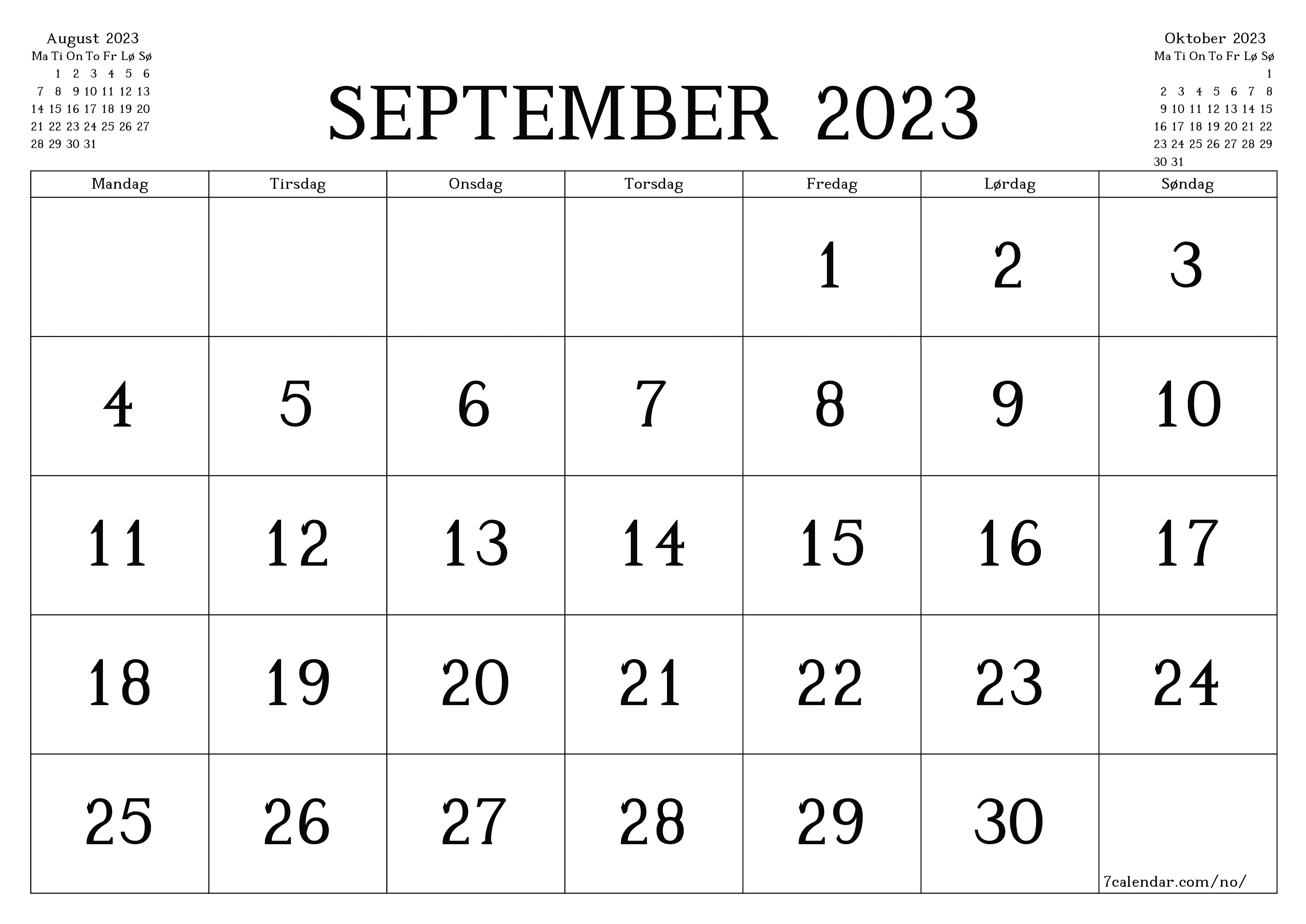 Tom månedlig planlegger for måned September 2023 med notater, lagre og skriv ut til PDF PNG Norwegian