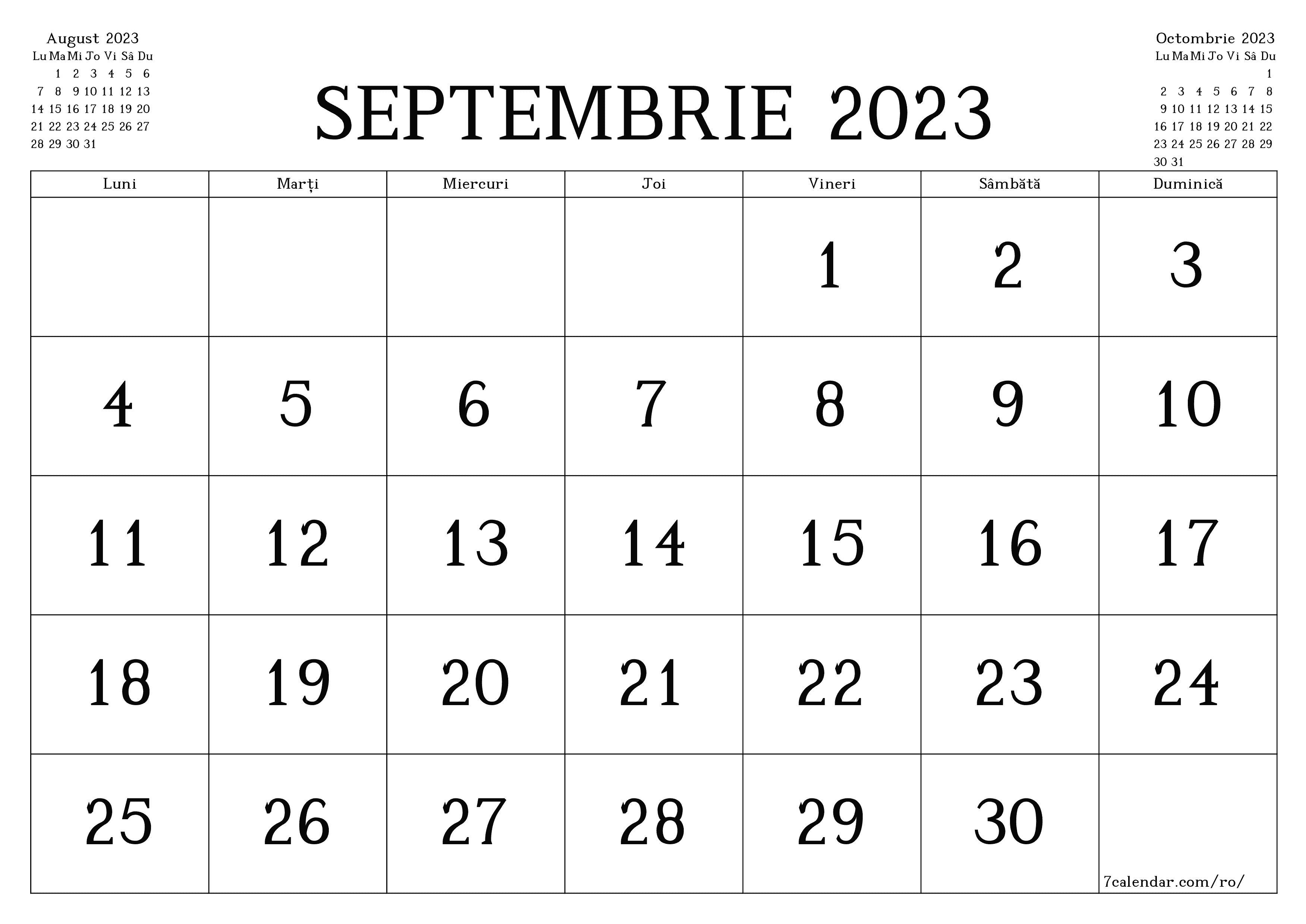 Planificator lunar gol pentru luna Septembrie 2023 cu note, salvați și tipăriți în PDF PNG Romanian