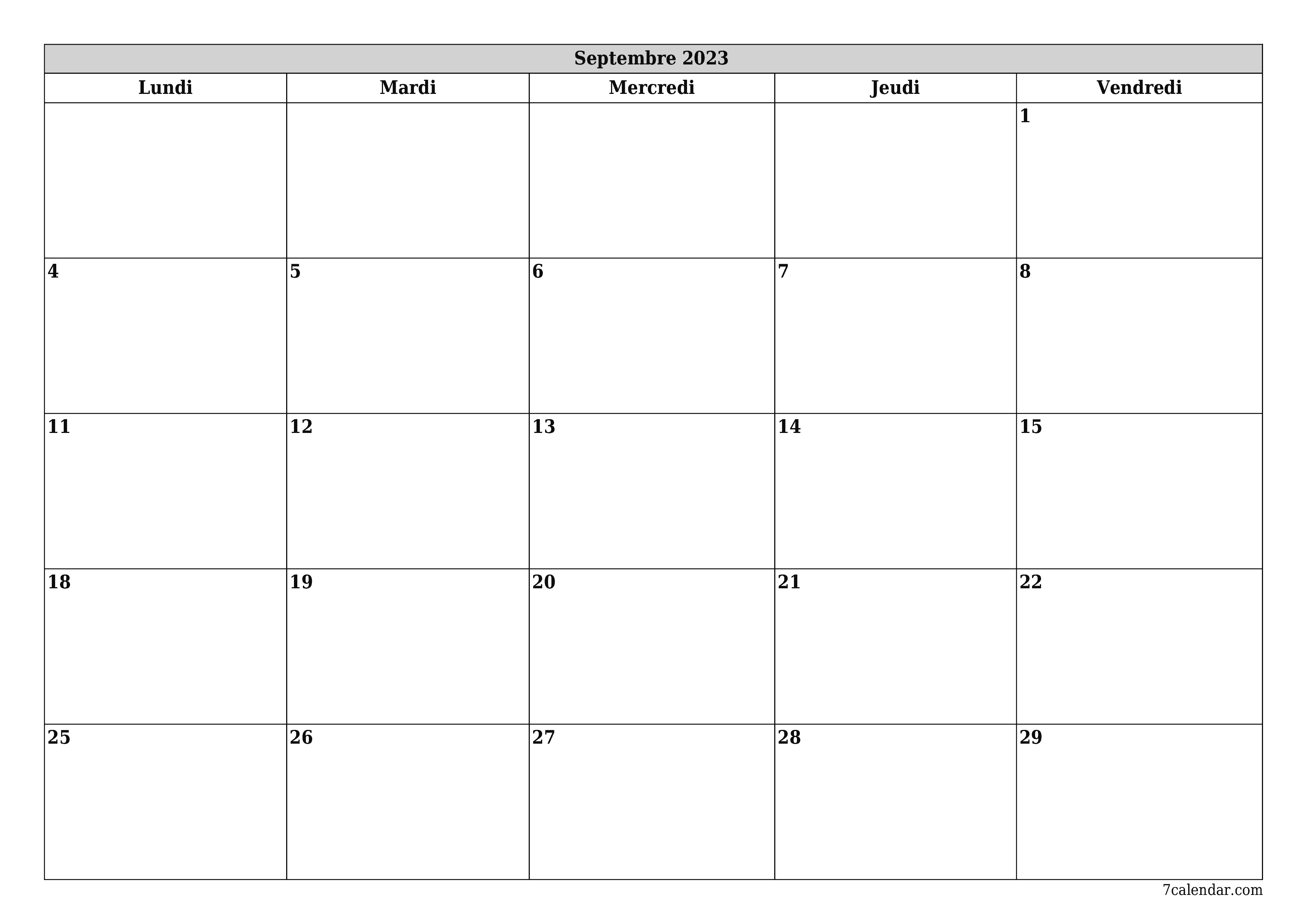 Agenda mensuel vide pour le mois Septembre 2023 avec notes, enregistrez et imprimez au format PDF PNG French