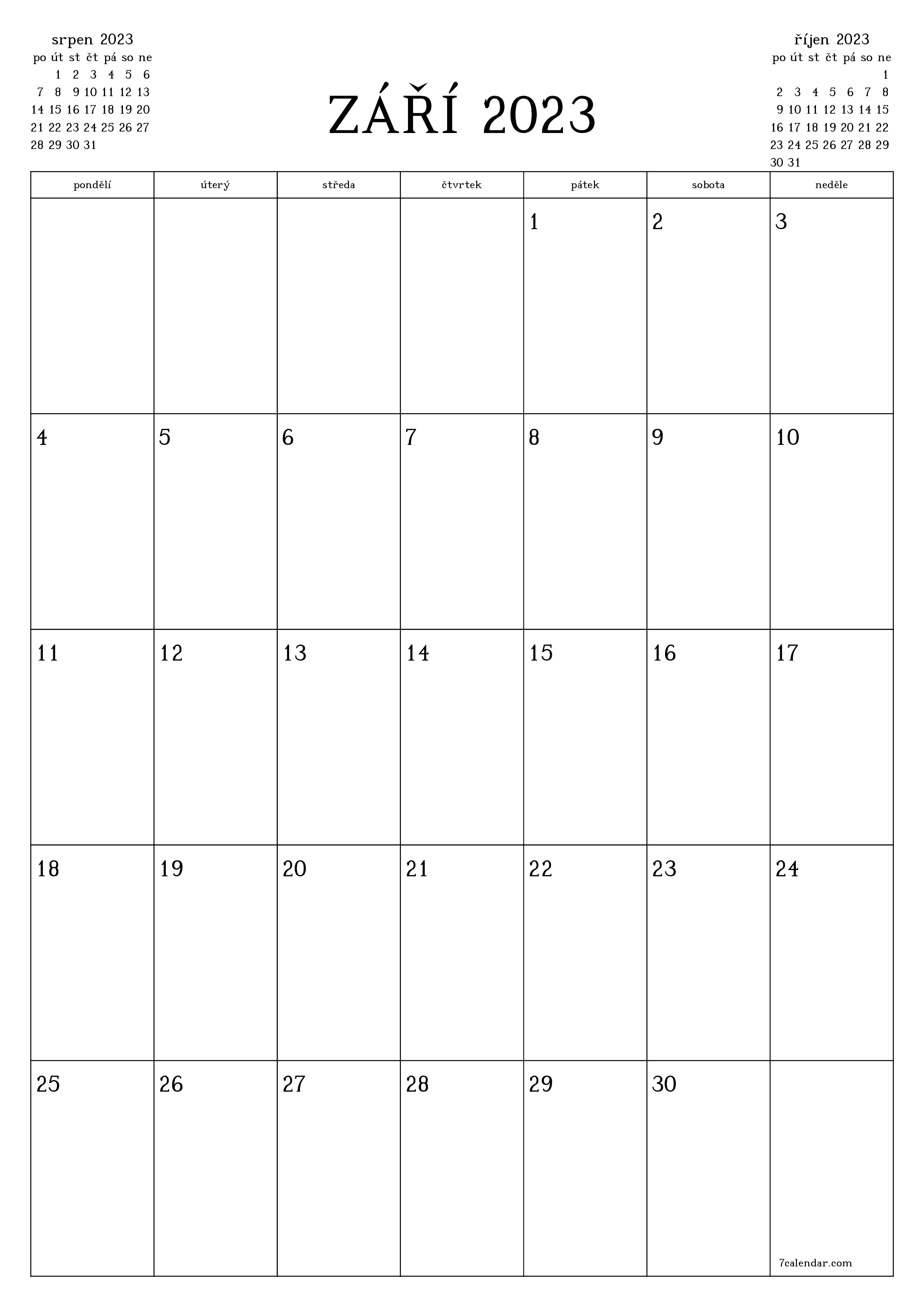  pro tisk nástěnný šablona e zdarmavertikální Měsíční plánovač kalendář září (zář) 2023