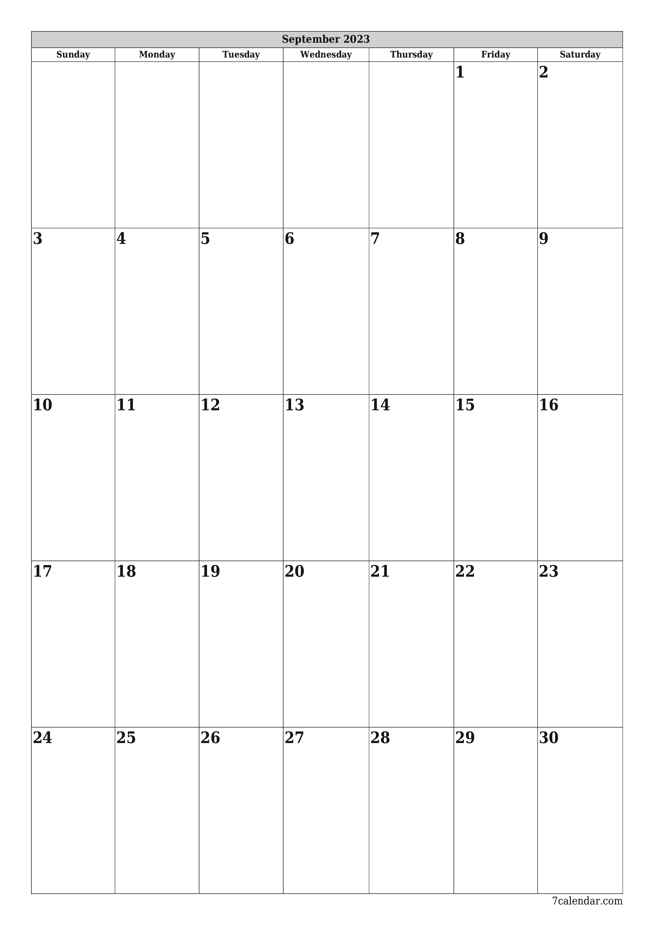 Blank calendar September 2023