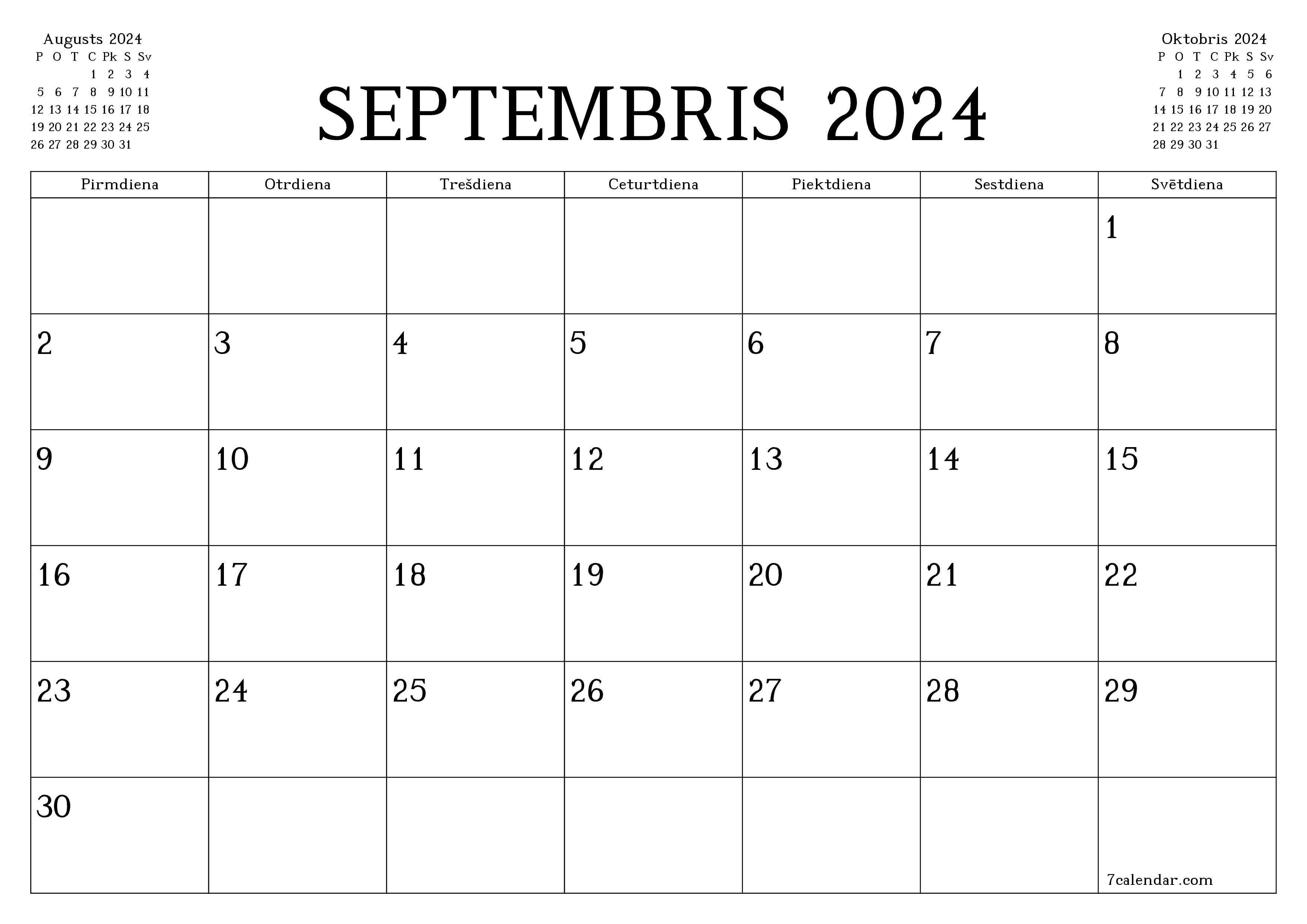 Iztukšot mēneša plānotāju mēnesim Septembris 2024 ar piezīmēm, saglabāt un izdrukāt PDF formātā PNG Latvian