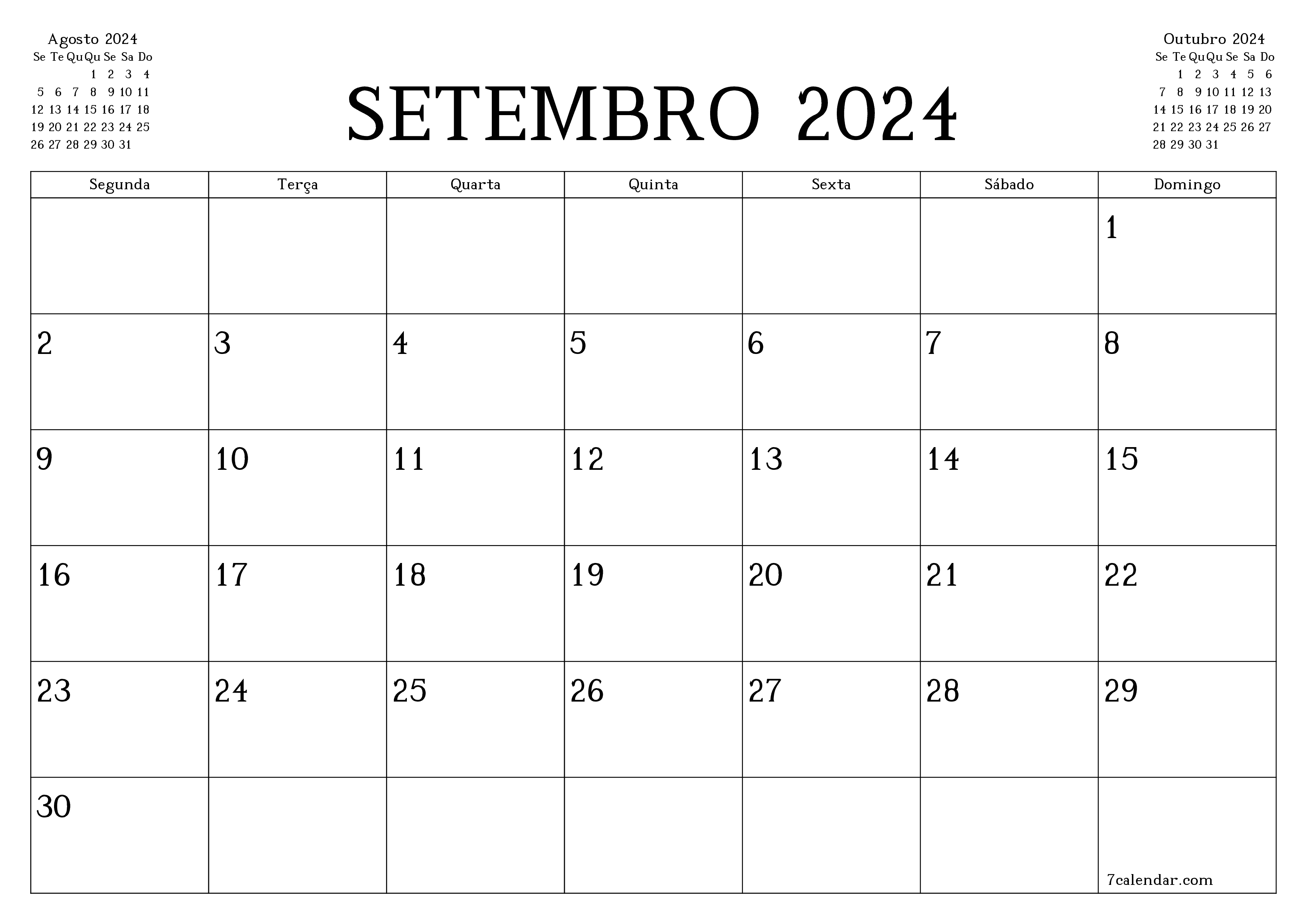 Esvazie o planejador mensal para o mês Setembro 2024 com notas, salve e imprima em PDF PNG Portuguese