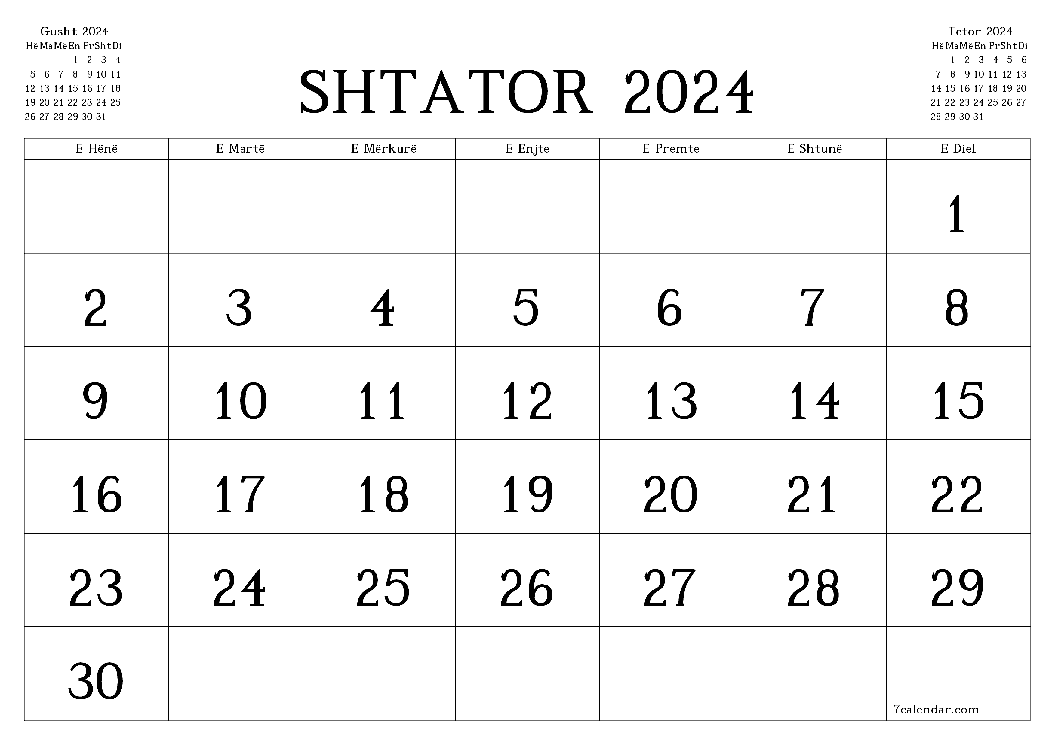 Planifikuesi i zbrazët i kalendarit mujor për muajin Shtator 2024 me shënime të ruajtura dhe të printuara në PDF PNG Albanian