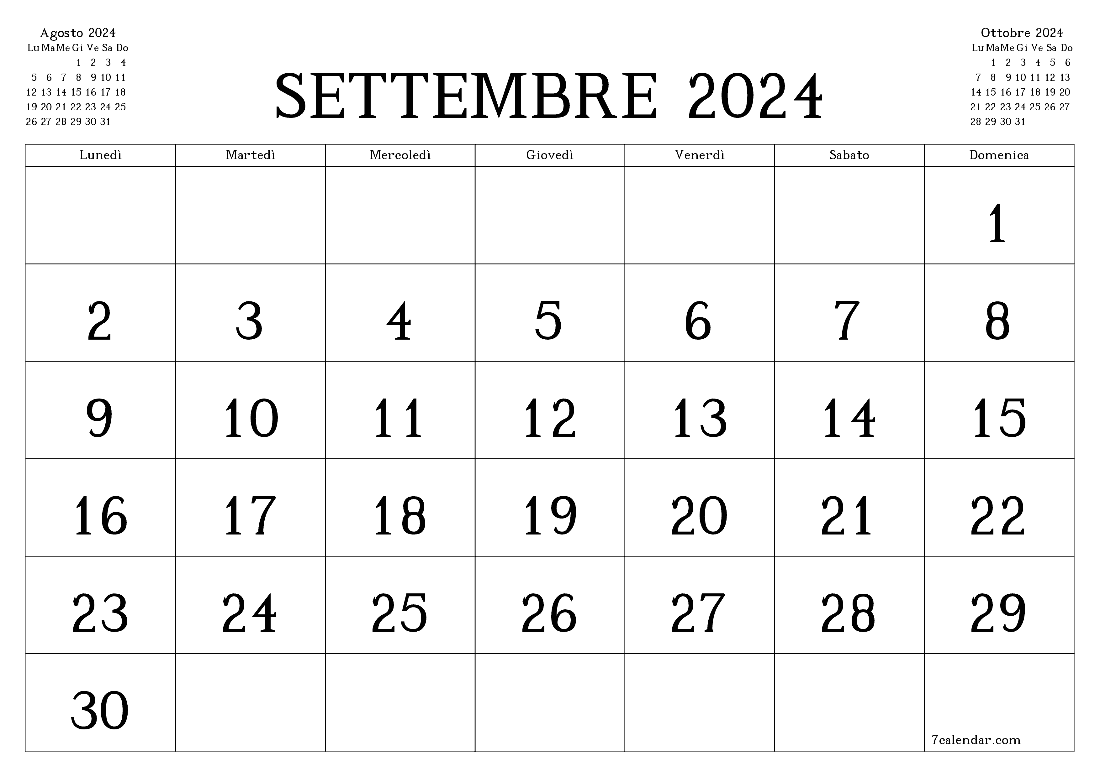 Pianificatore mensile vuoto per il mese Settembre 2024 con note, salva e stampa in PDF PNG Italian