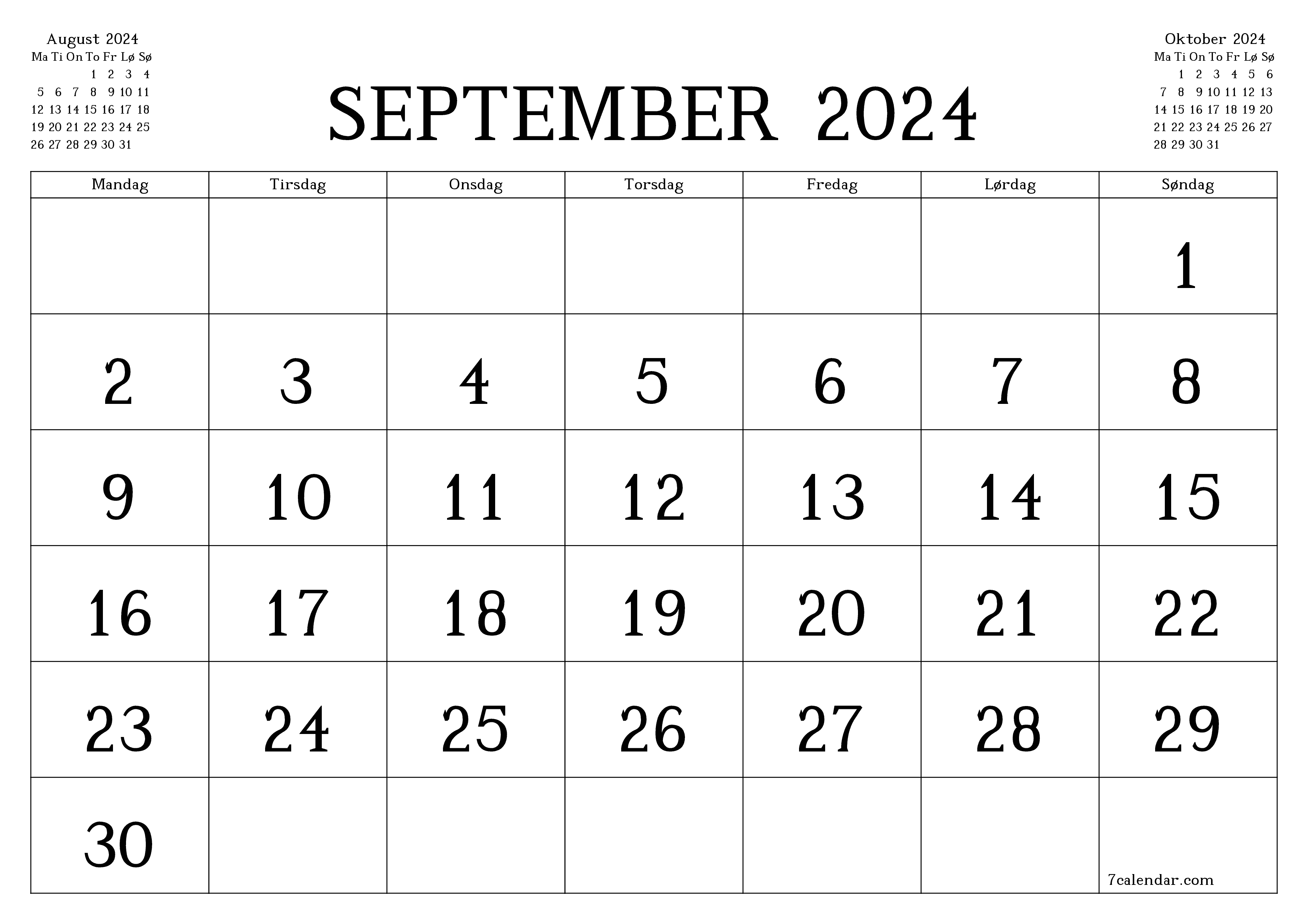 Tom månedlig planlegger for måned September 2024 med notater, lagre og skriv ut til PDF PNG Norwegian