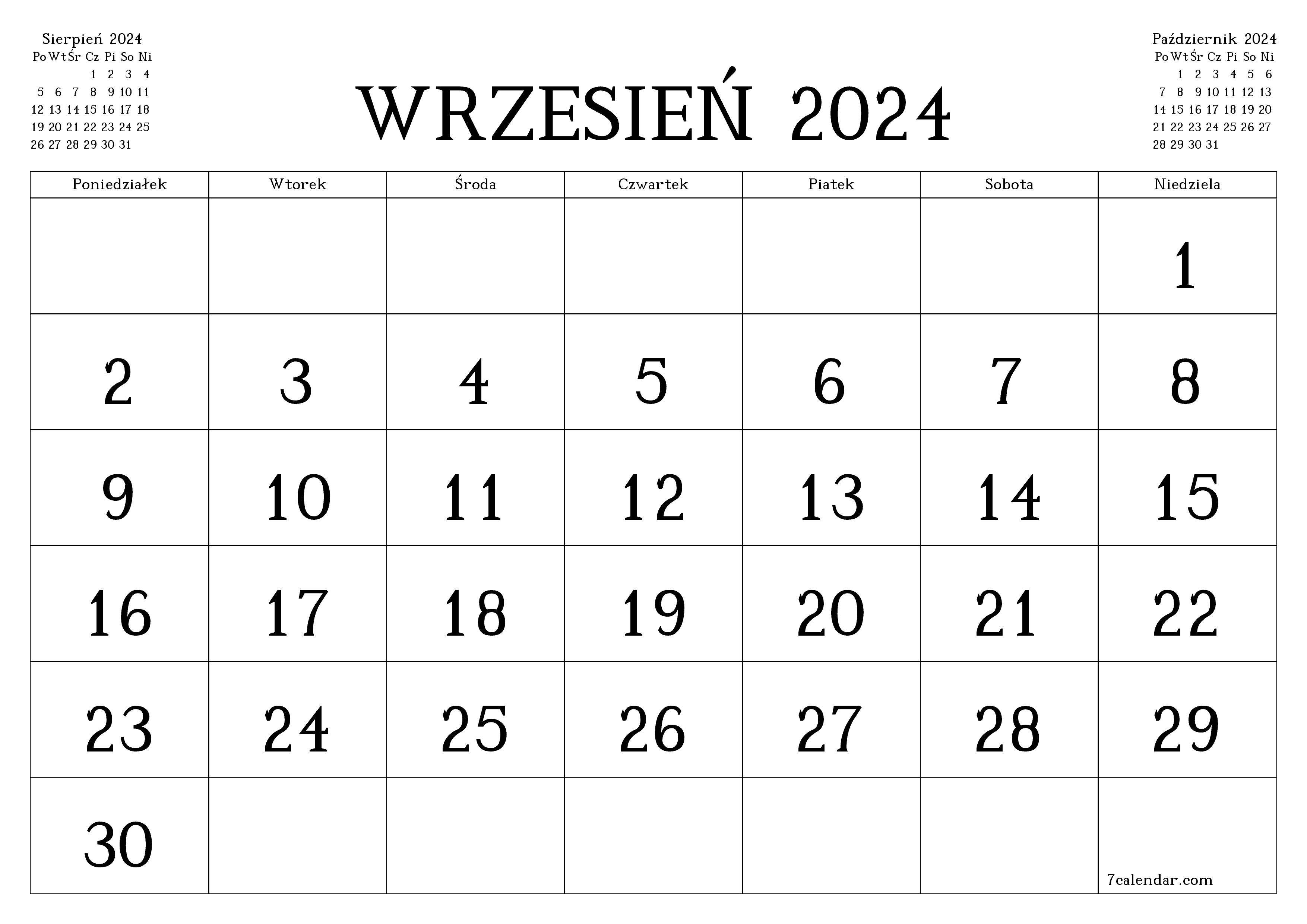 Opróżnij miesięczny planer na miesiąc Wrzesień 2024 z notatkami, zapisz i wydrukuj w formacie PDF PNG Polish