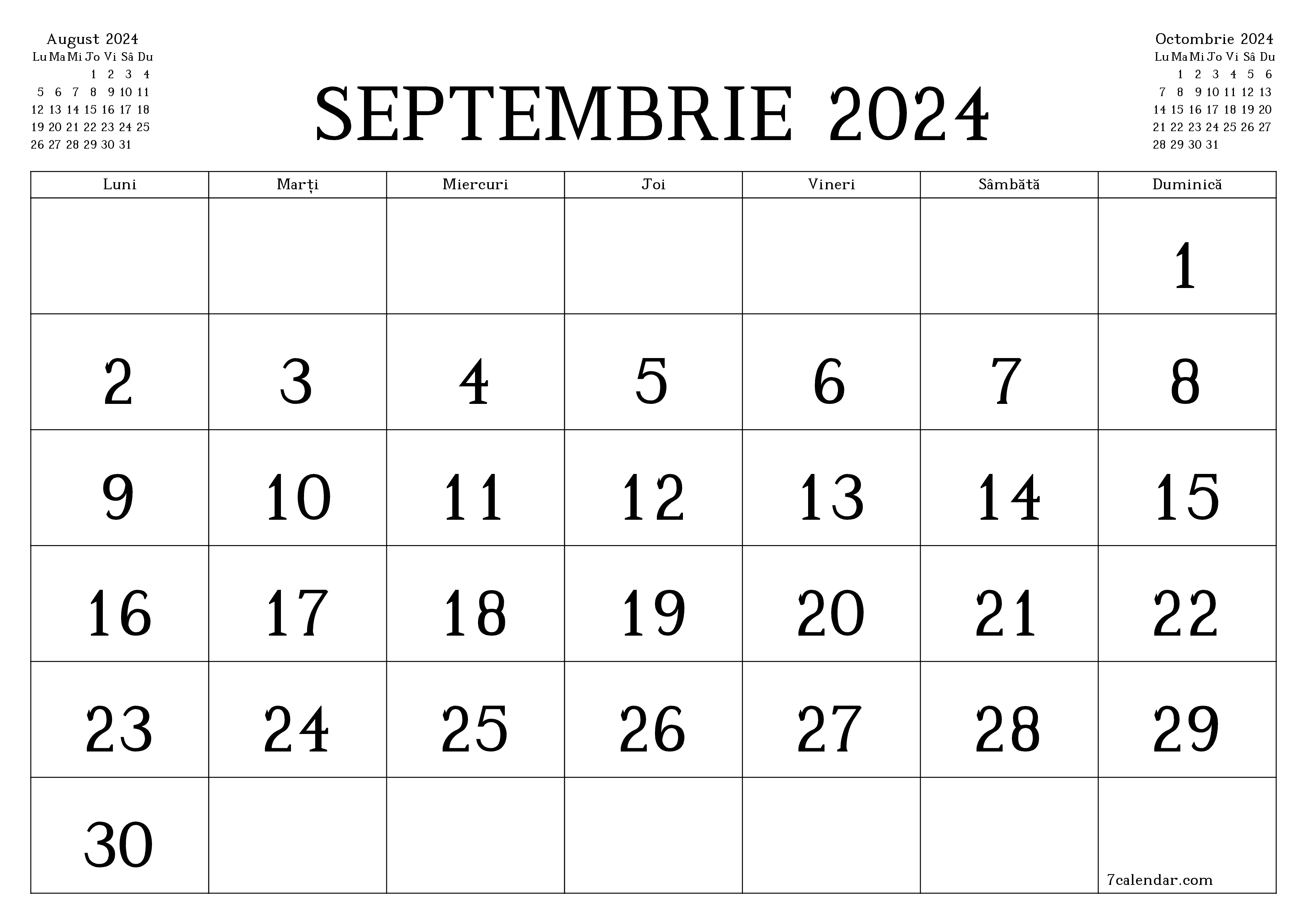 Planificator lunar gol pentru luna Septembrie 2024 cu note, salvați și tipăriți în PDF PNG Romanian