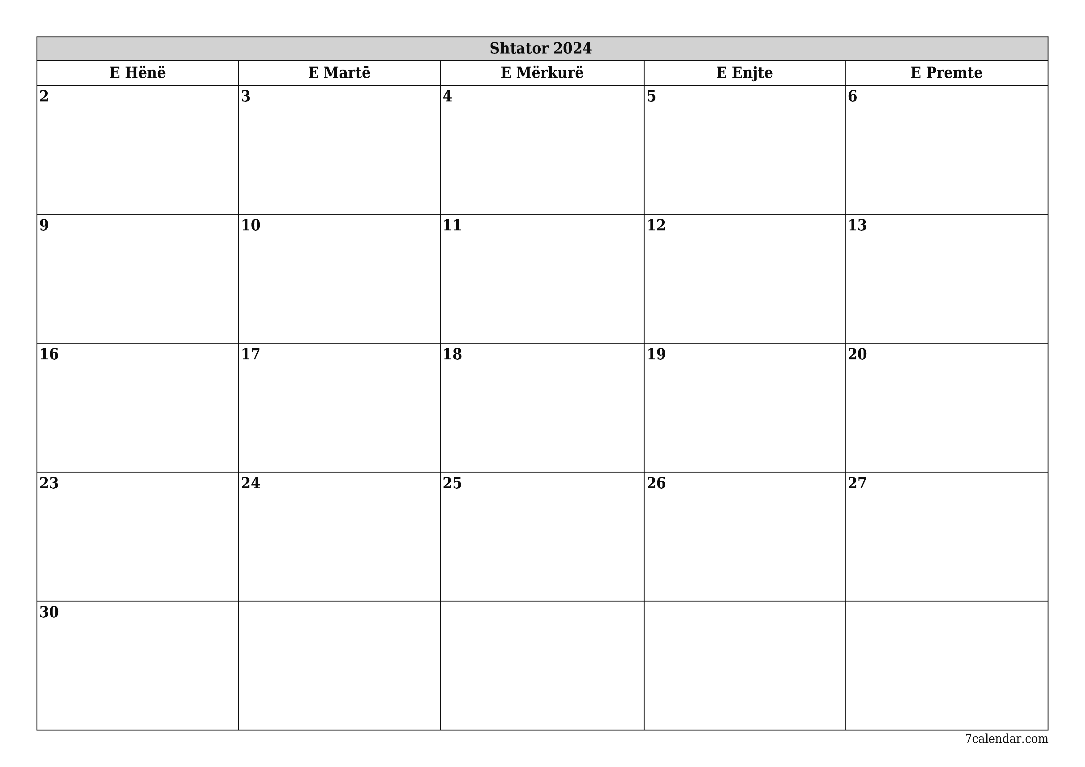 Planifikuesi i zbrazët i kalendarit mujor për muajin Shtator 2024 me shënime të ruajtura dhe të printuara në PDF PNG Albanian
