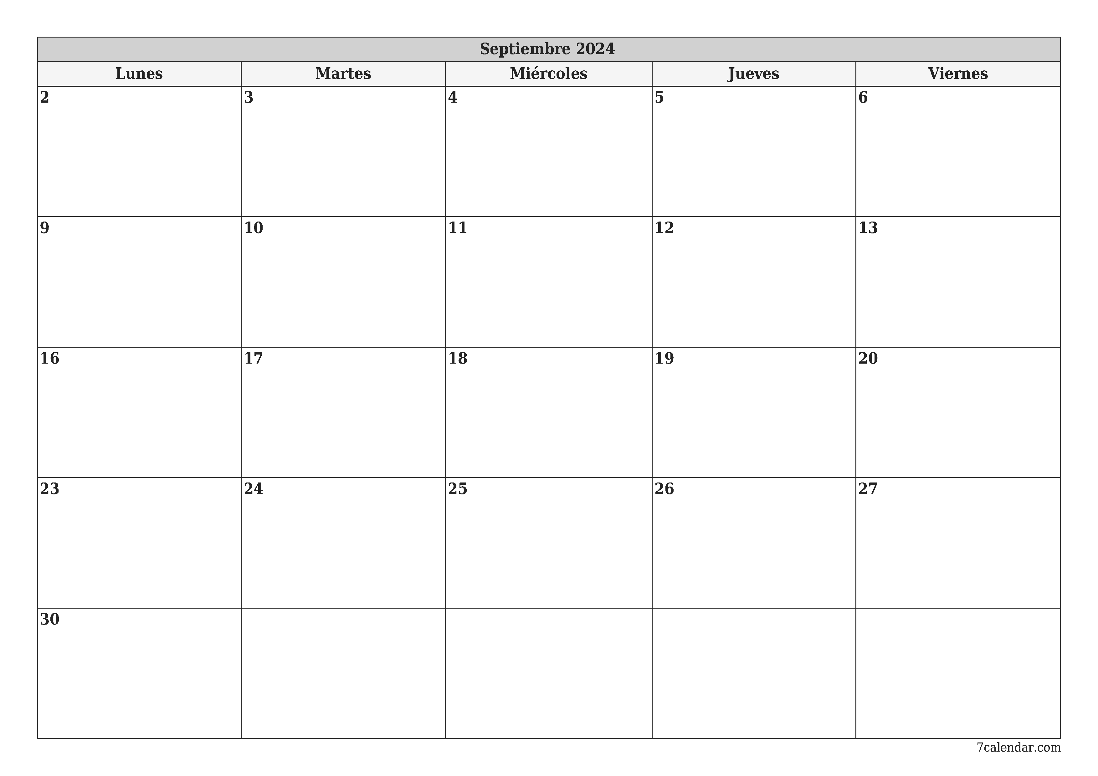 Planificador mensual vacío para el mes Septiembre 2024 con notas, guardar e imprimir en PDF PNG Spanish