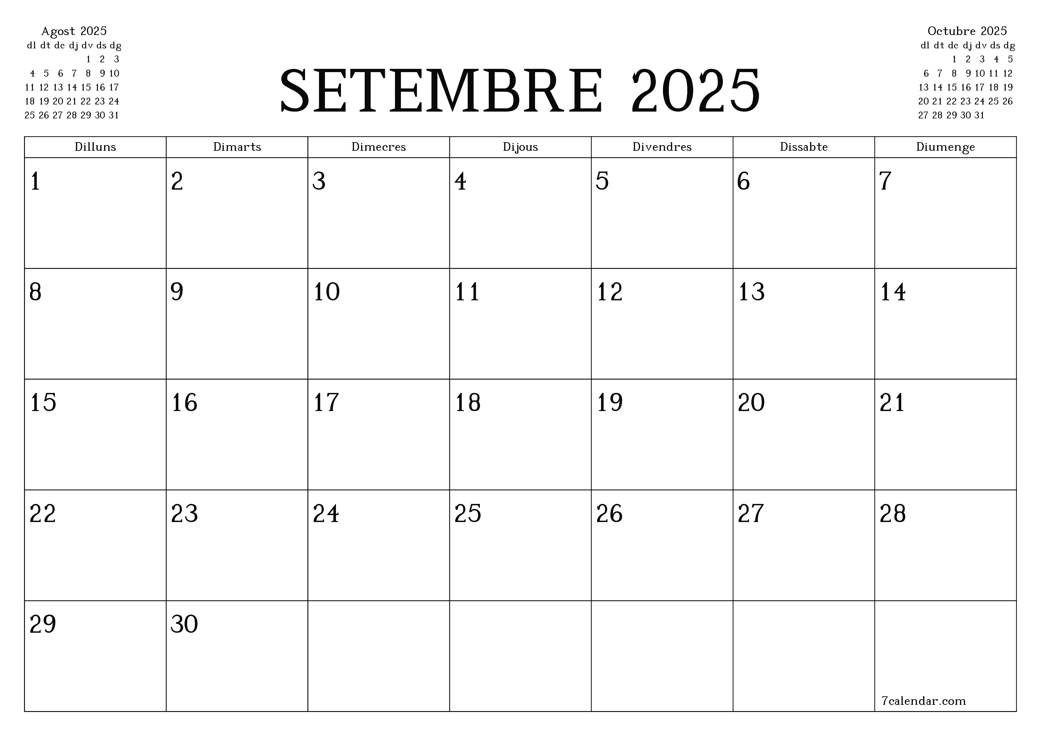 Planificador mensual buit del mes Setembre 2025 amb notes, deseu-lo i imprimiu-lo en format PDF PNG Catalan