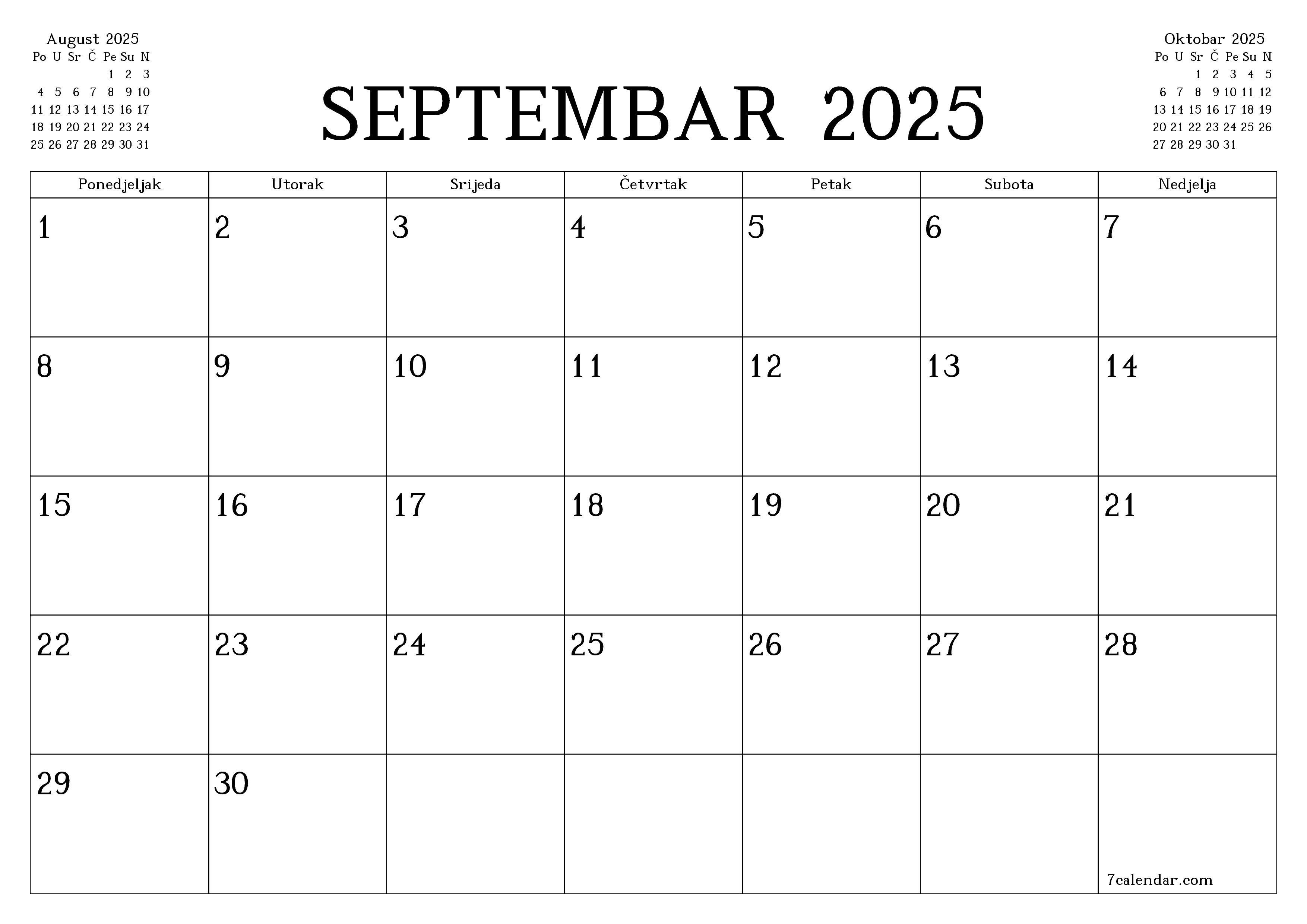 Ispraznite mjesečni planer za mjesec Septembar 2025 s bilješkama, spremite i ispišite u PDF PNG Bosnian