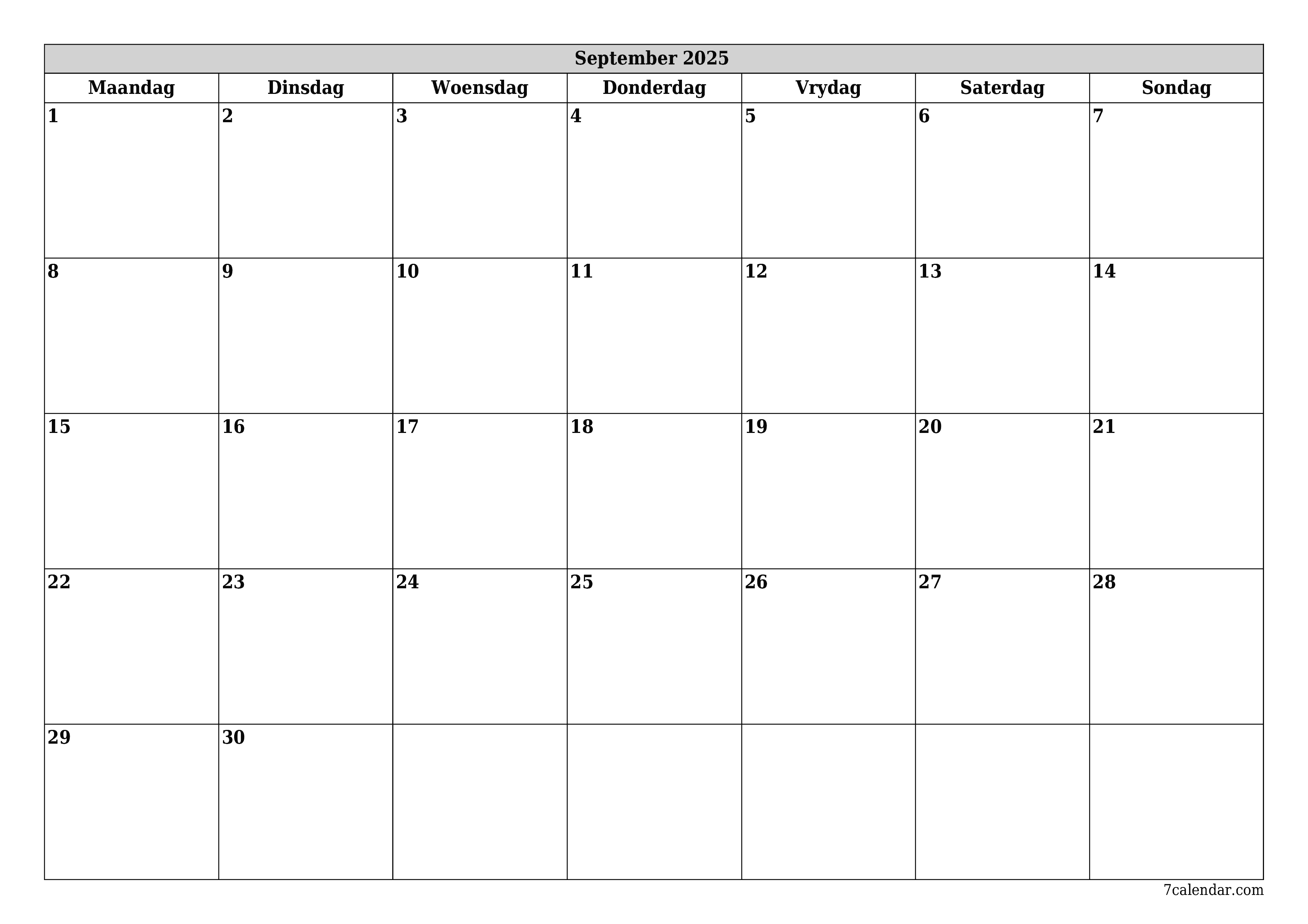 Leë maandelikse drukbare kalender en beplanner vir maand September 2025 met notas stoor en druk na PDF PNG Afrikaans