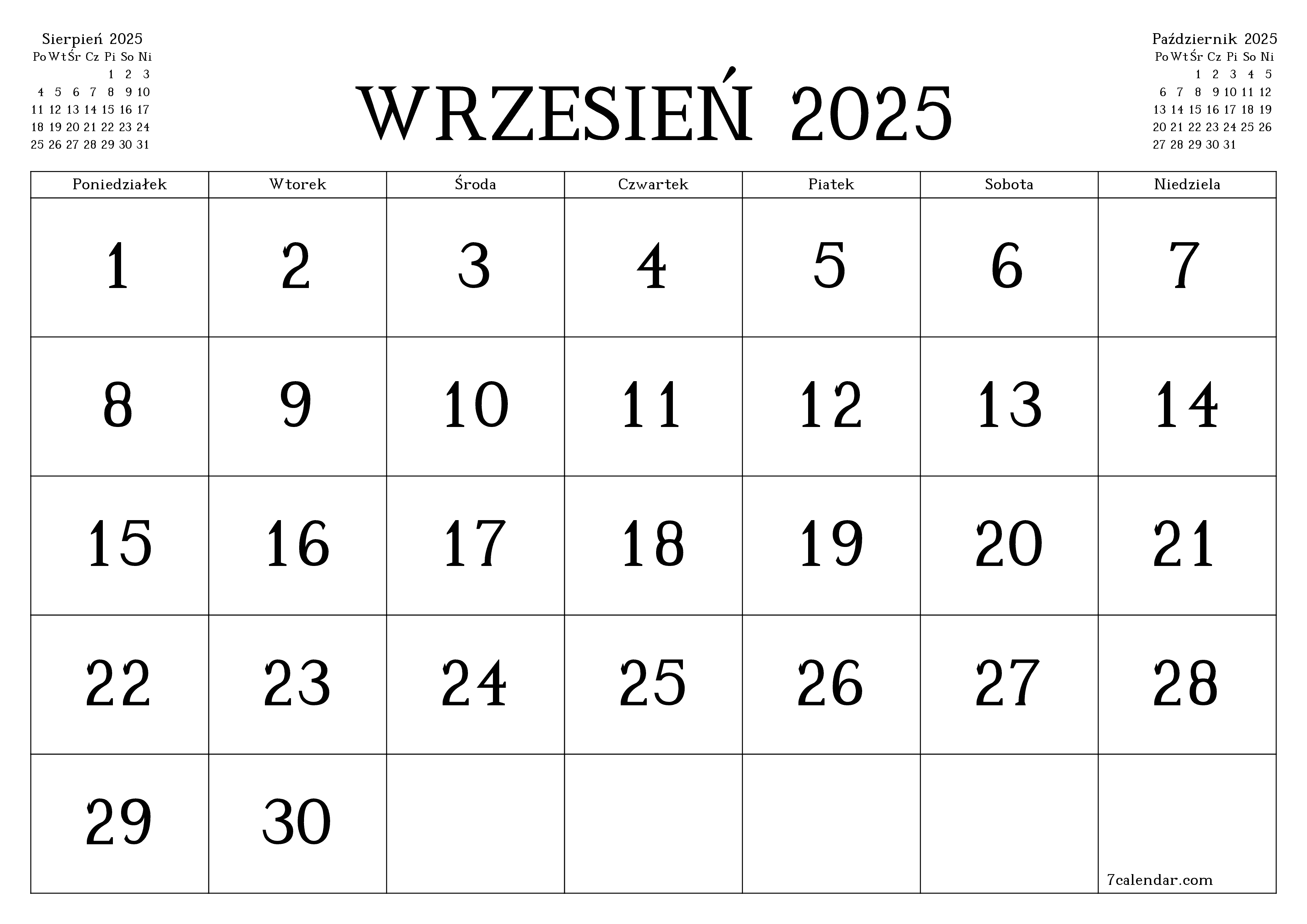 Opróżnij miesięczny planer na miesiąc Wrzesień 2025 z notatkami, zapisz i wydrukuj w formacie PDF PNG Polish