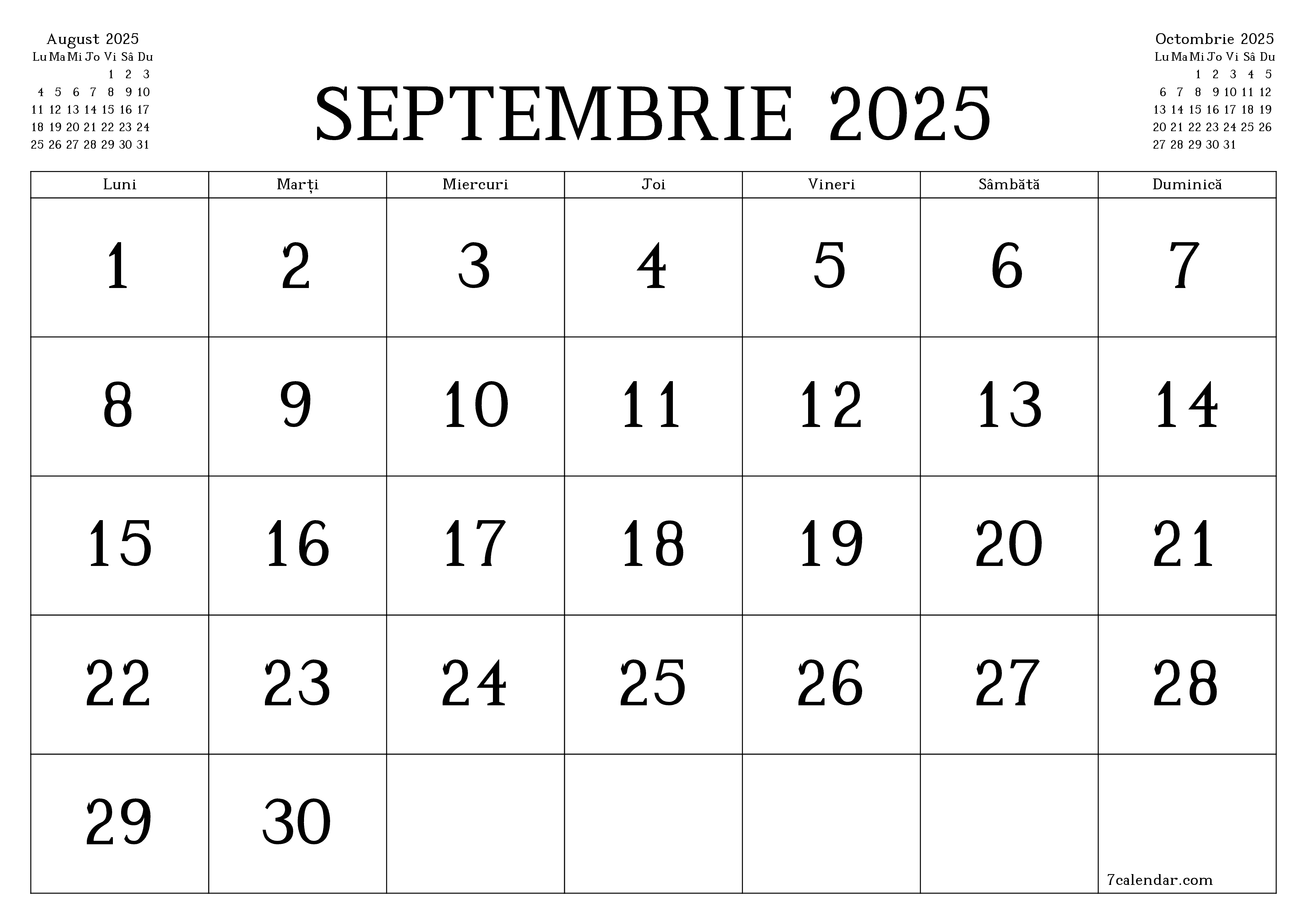 Planificator lunar gol pentru luna Septembrie 2025 cu note, salvați și tipăriți în PDF PNG Romanian