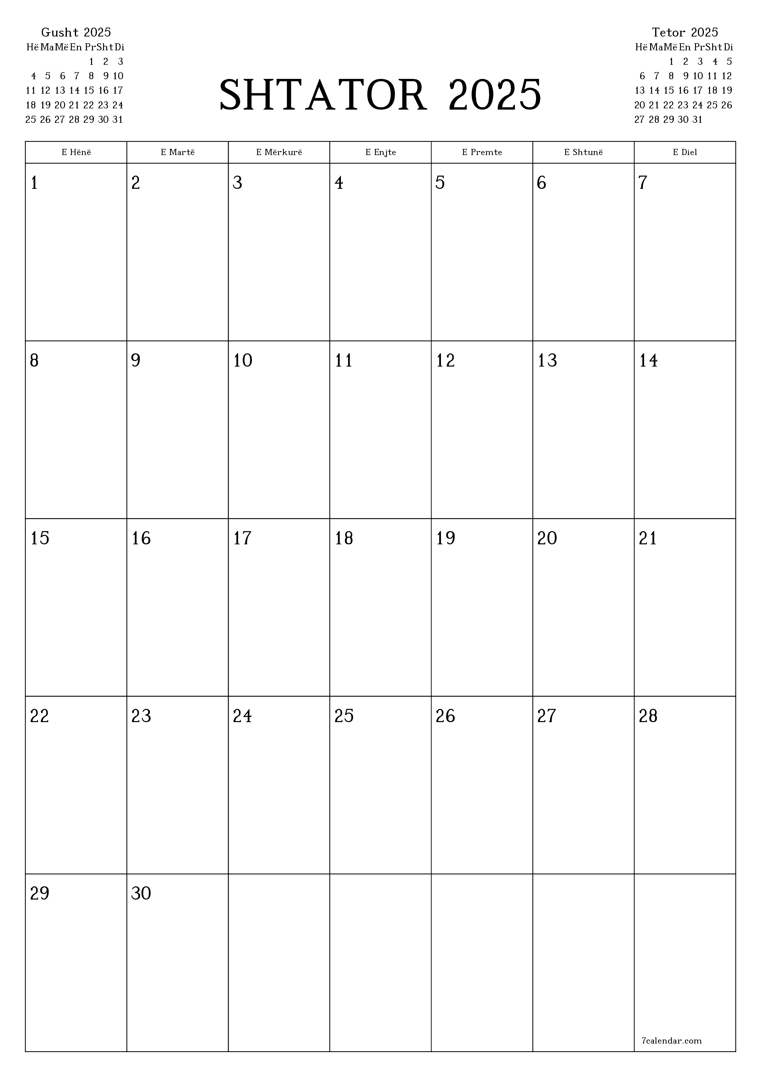 Planifikuesi i zbrazët i kalendarit mujor për muajin Shtator 2025 me shënime të ruajtura dhe të printuara në PDF PNG Albanian