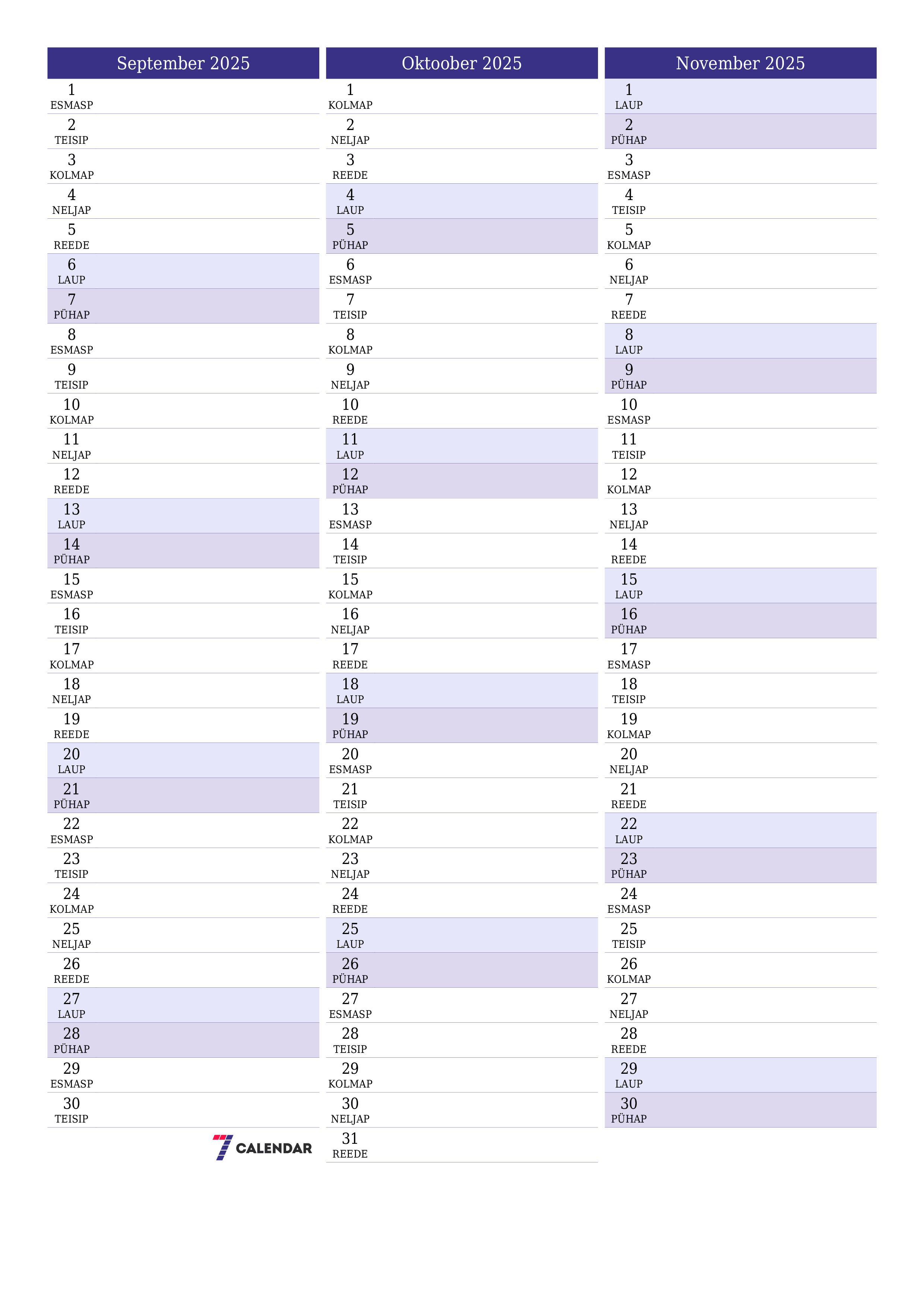 Tühjendage kuu September 2025 kuuplaneerija märkmetega, salvestage ja printige PDF-i PNG Estonian