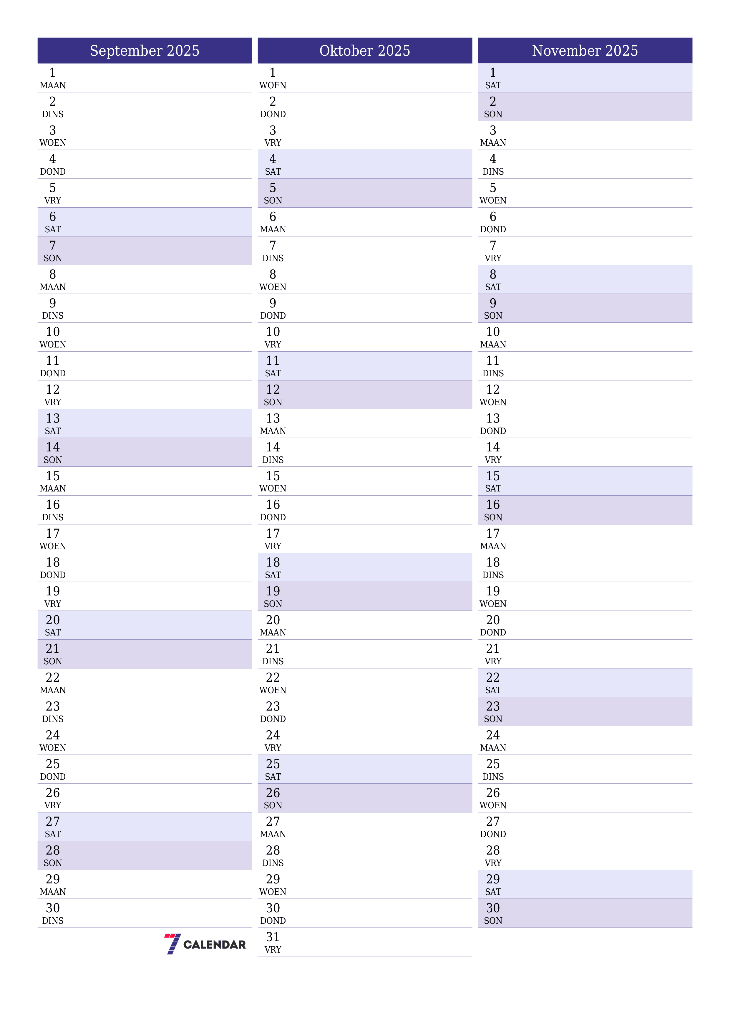 Leë maandelikse drukbare kalender en beplanner vir maand September 2025 met notas stoor en druk na PDF PNG Afrikaans