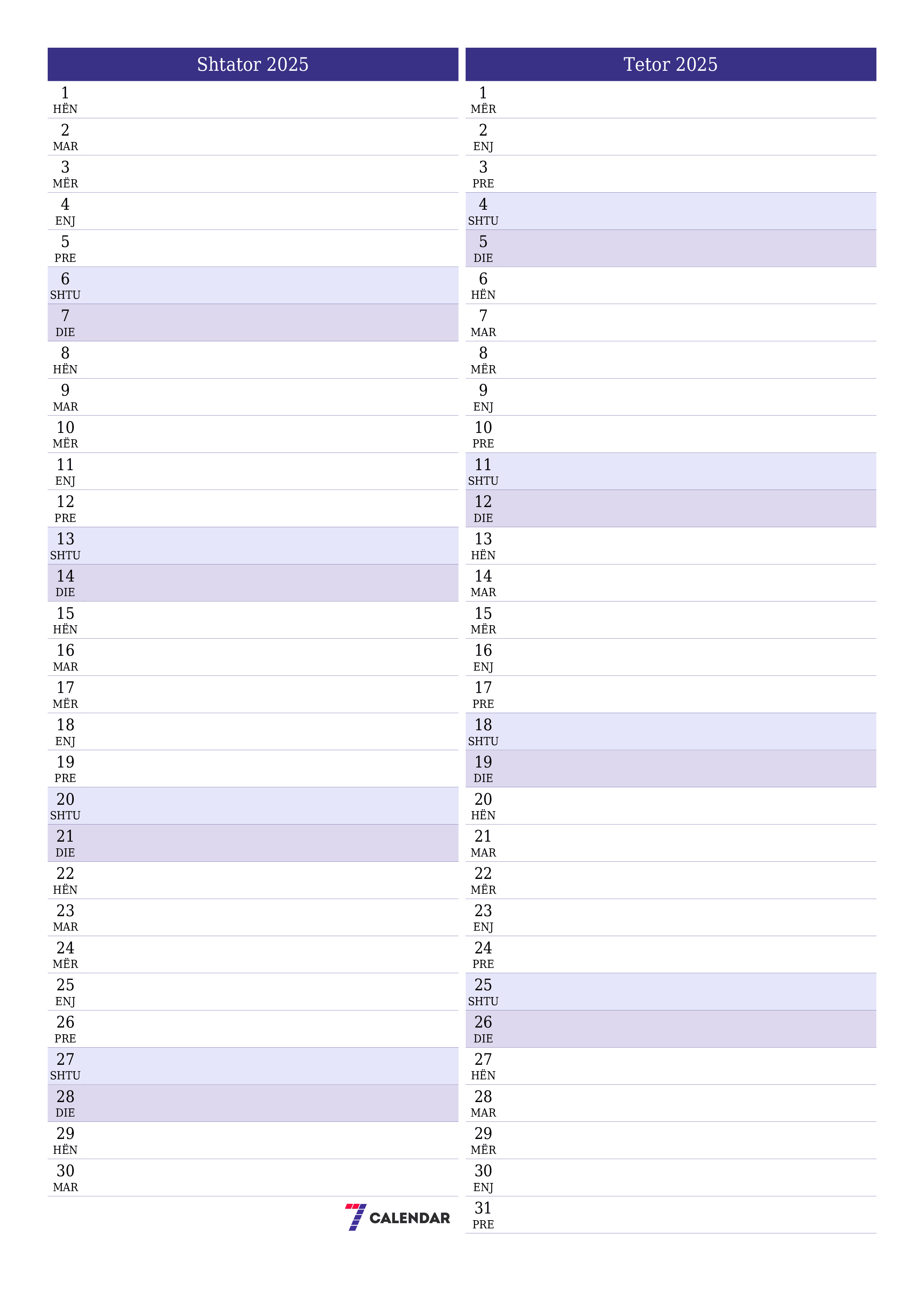 Planifikuesi i zbrazët i kalendarit mujor për muajin Shtator 2025 me shënime të ruajtura dhe të printuara në PDF PNG Albanian