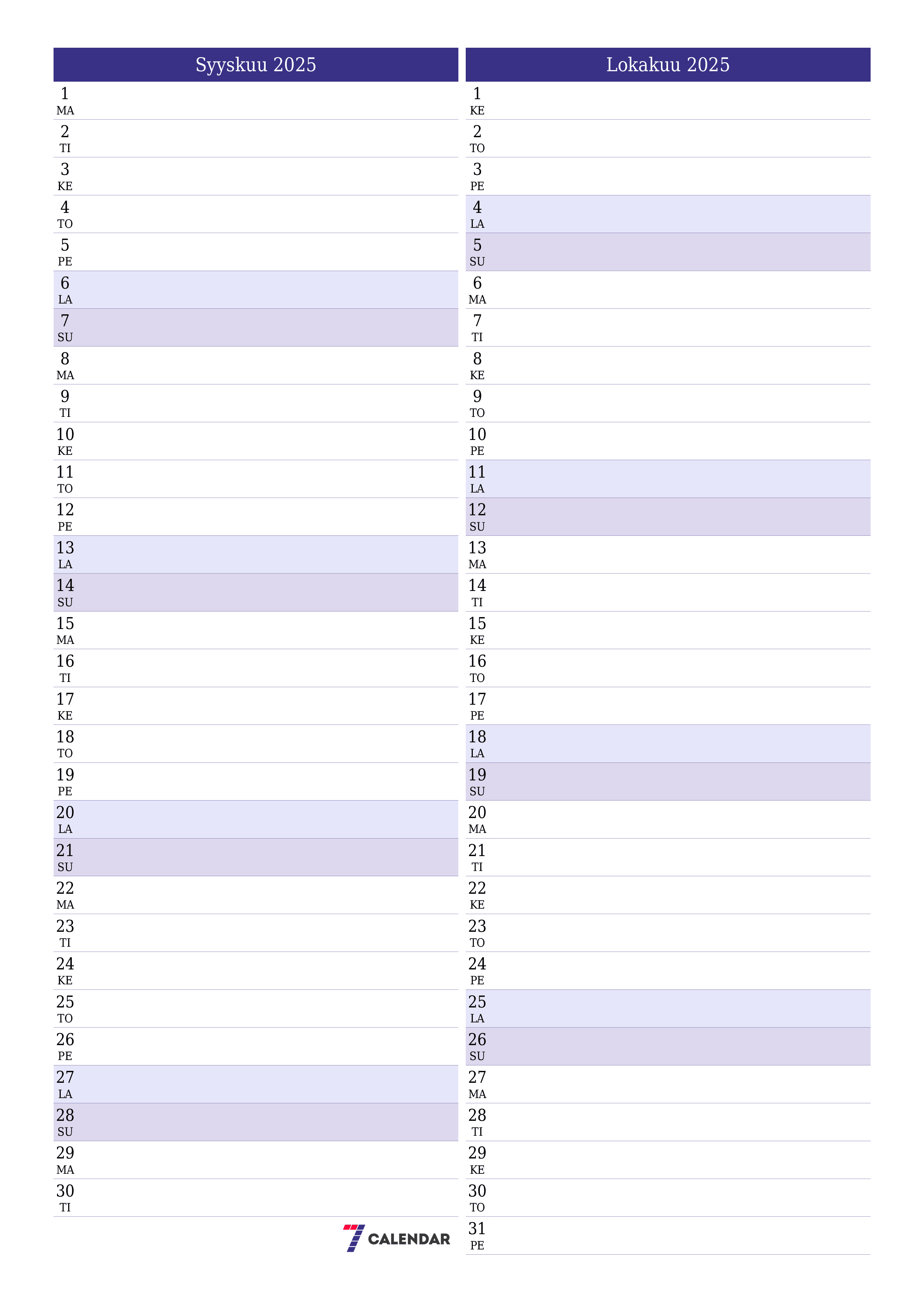 Tyhjennä kuukausittainen suunnittelija kuukaudelle Syyskuu 2025 muistiinpanoilla, tallenna ja tulosta PDF-muotoon PNG Finnish