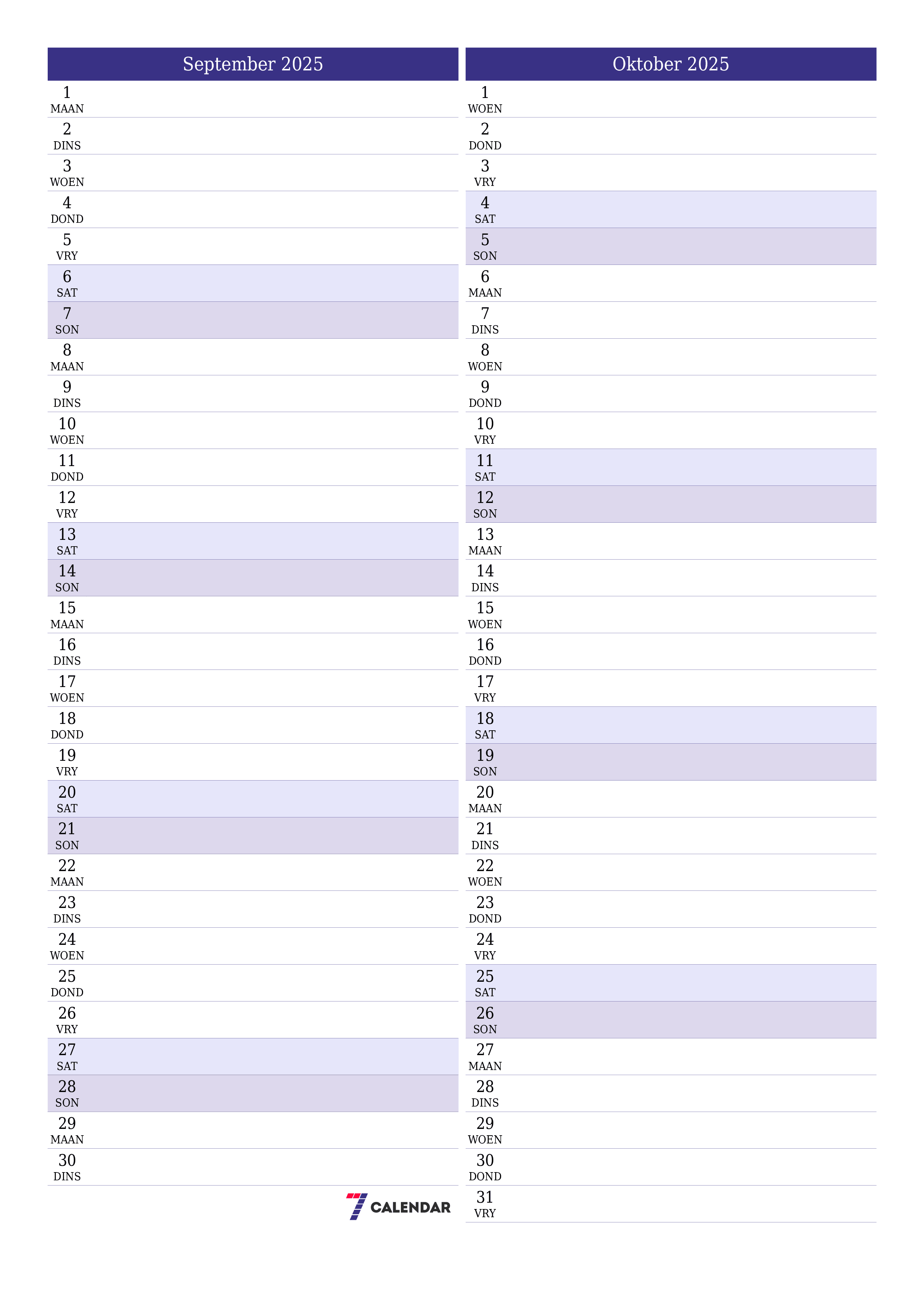 Leë maandelikse drukbare kalender en beplanner vir maand September 2025 met notas stoor en druk na PDF PNG Afrikaans