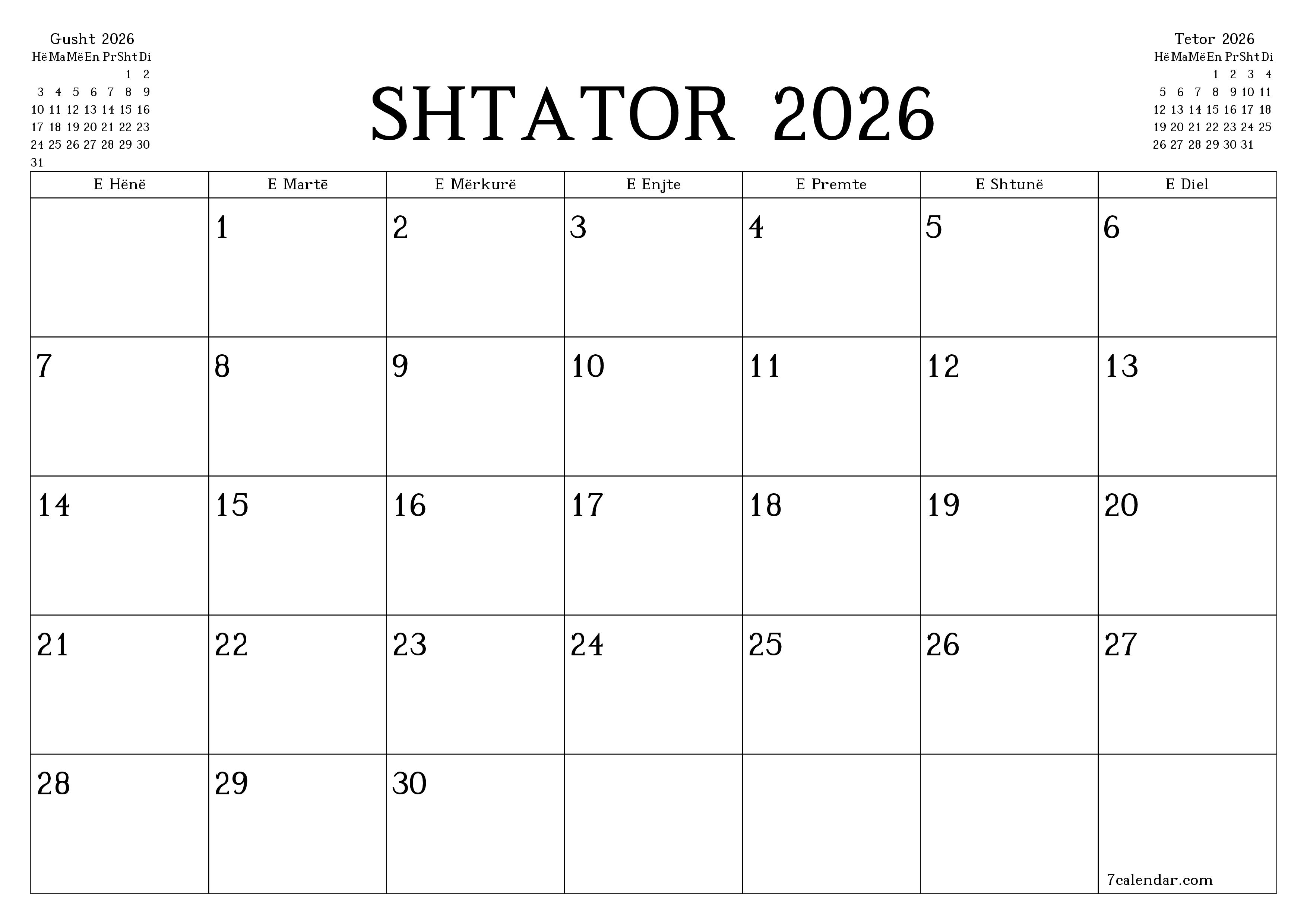 Planifikuesi i zbrazët i kalendarit mujor për muajin Shtator 2026 me shënime të ruajtura dhe të printuara në PDF PNG Albanian